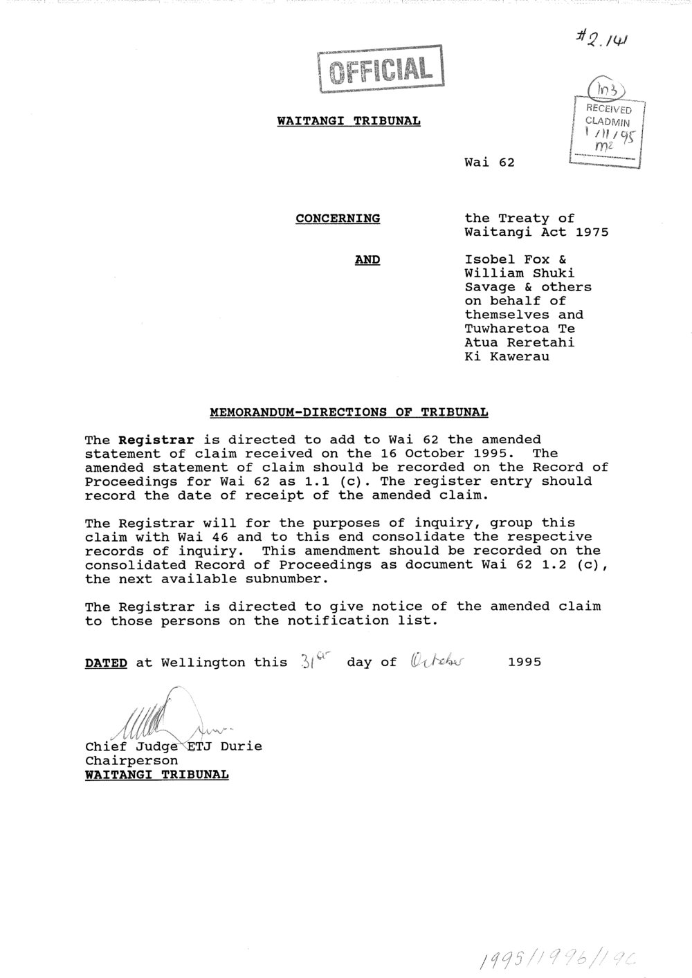 Wai 46_INQ_2.141_Memo - Directions of Tribunal RE add to Wai 46 the ammended statement of claim recieved 16 Oct 1995
