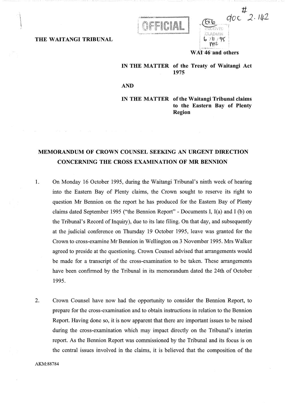 Wai 46_INQ_2.142_Memo of Crown Counsel Seeking an Urgent Direction Concerning The Cross Examination of Mr Bennion