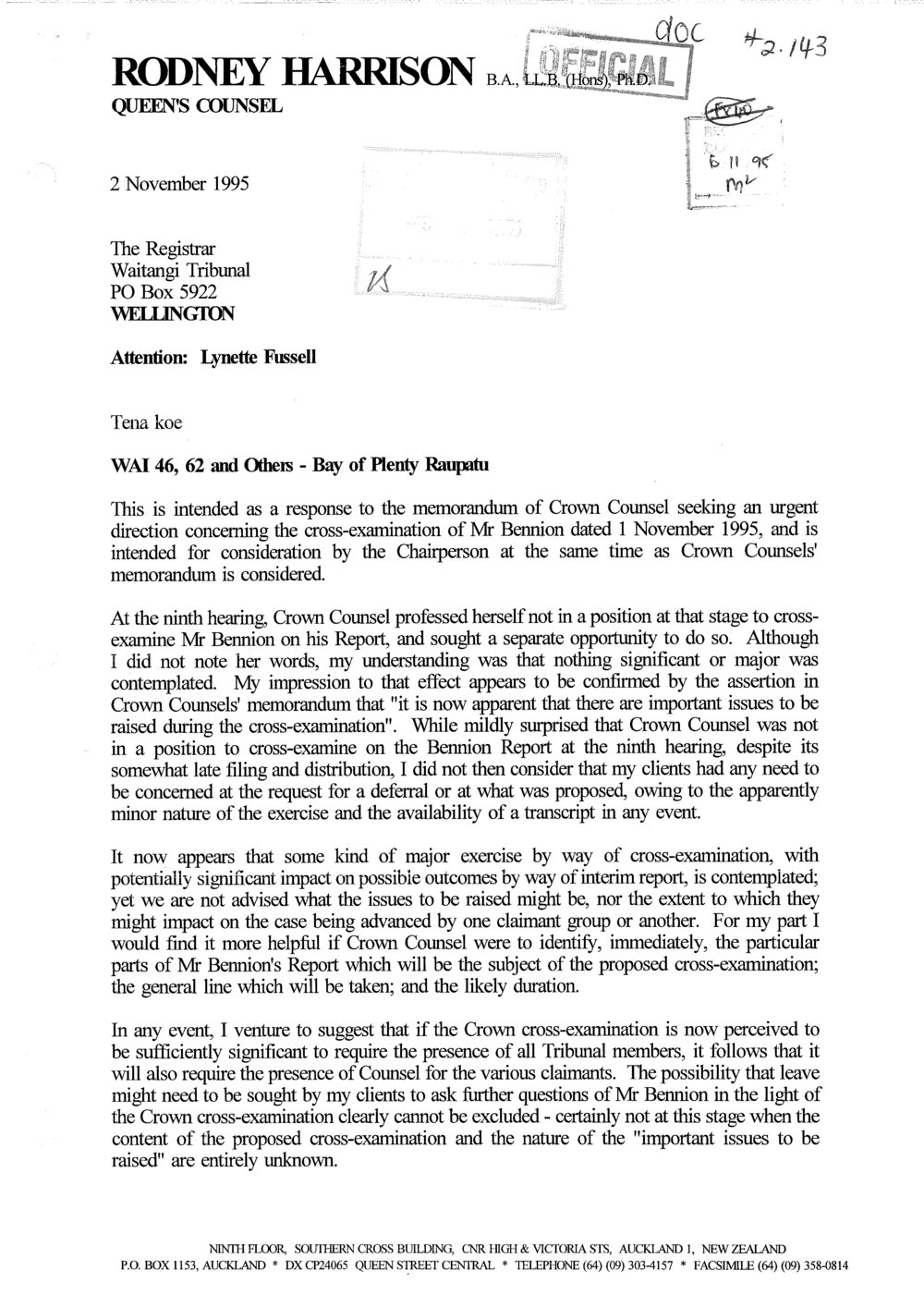 Wai 46_INQ_2.143_Letter RE Response to Crown Counsel seeking urgent cross-examination of Mr Bennion