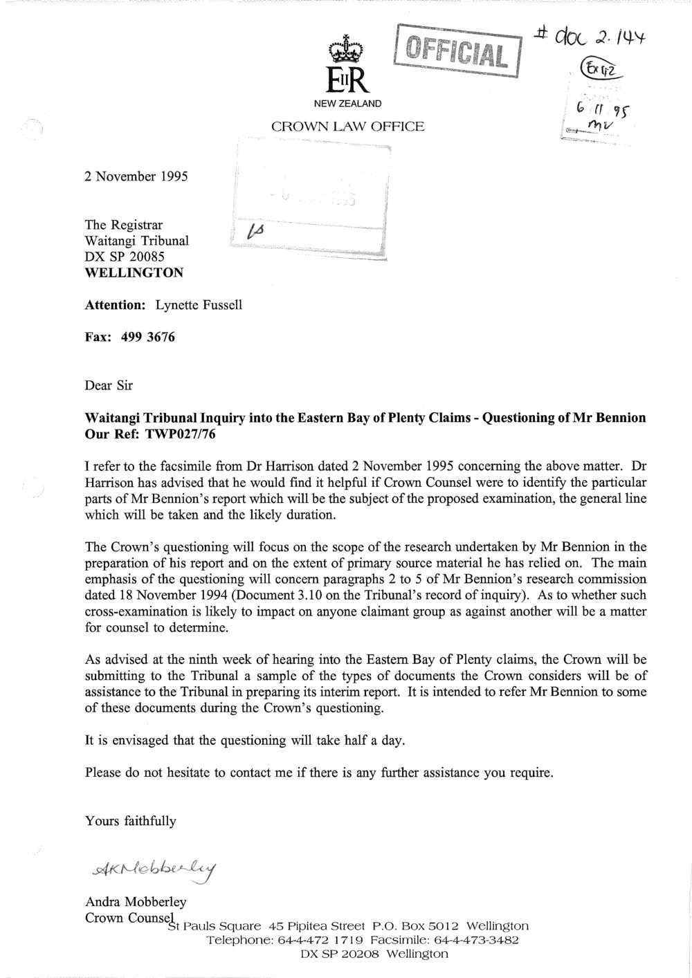 Wai 46_INQ_2.144_Letter - Waitangi Tribunal Inquiry into the EBOP Claims - Questioning of Mr Bennion