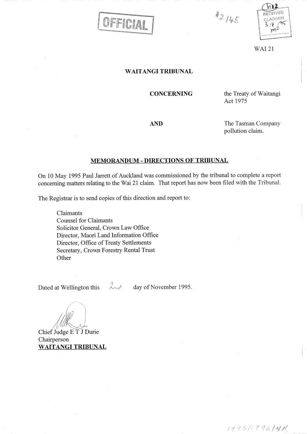 Wai 46_INQ_2.145_Memo Directions of Tribunal RE The Tasman Comapny pollution claim