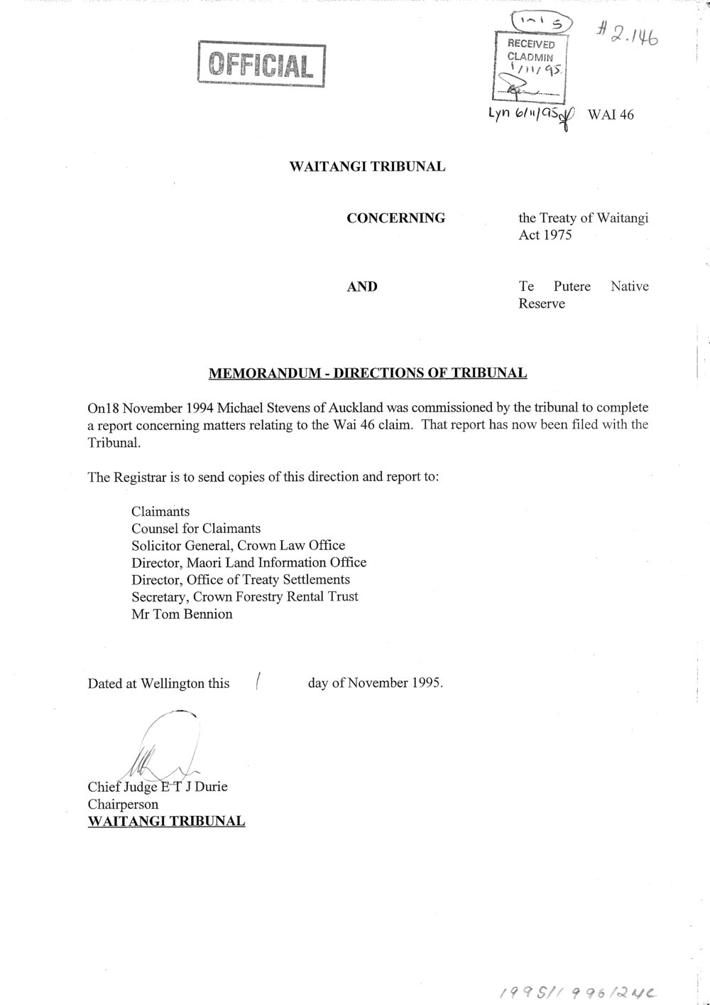 Wai 46_INQ_2.146_Memo Directions of Tribunal -Te Putere Native Reserve