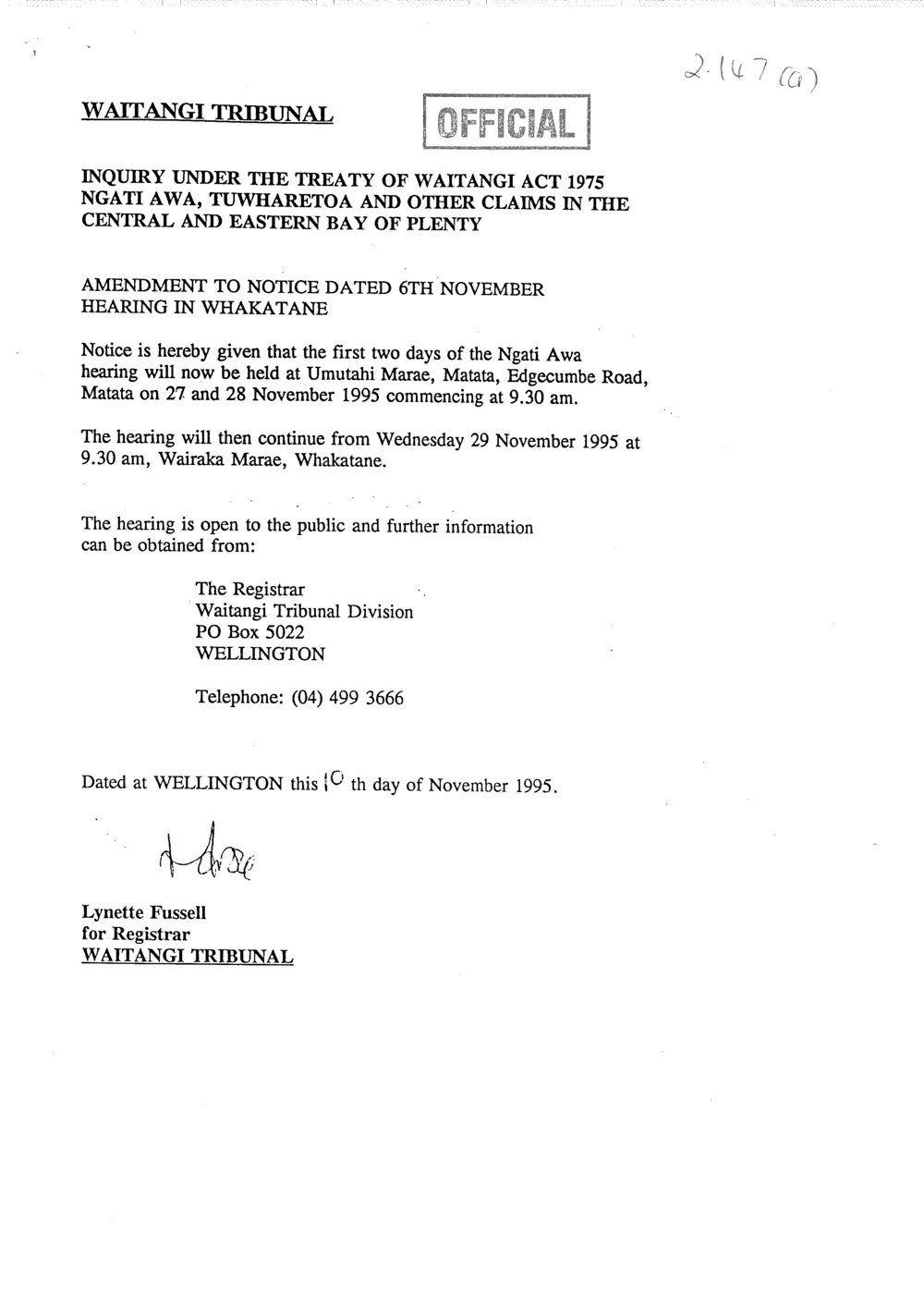 Wai 46_INQ_2.147 (a)_Hearing RE Ngati Awa, Tuwharetoa &amp; others @ Umutahi Marae 1995