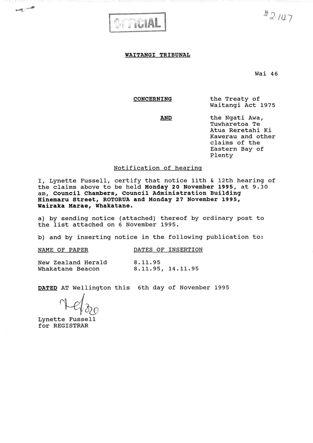 Wai 46_INQ_2.147_Notice of hearing RE Ngati Awa, Tuwharetoa, Te Atua Reretahu ki Kawerau Claims