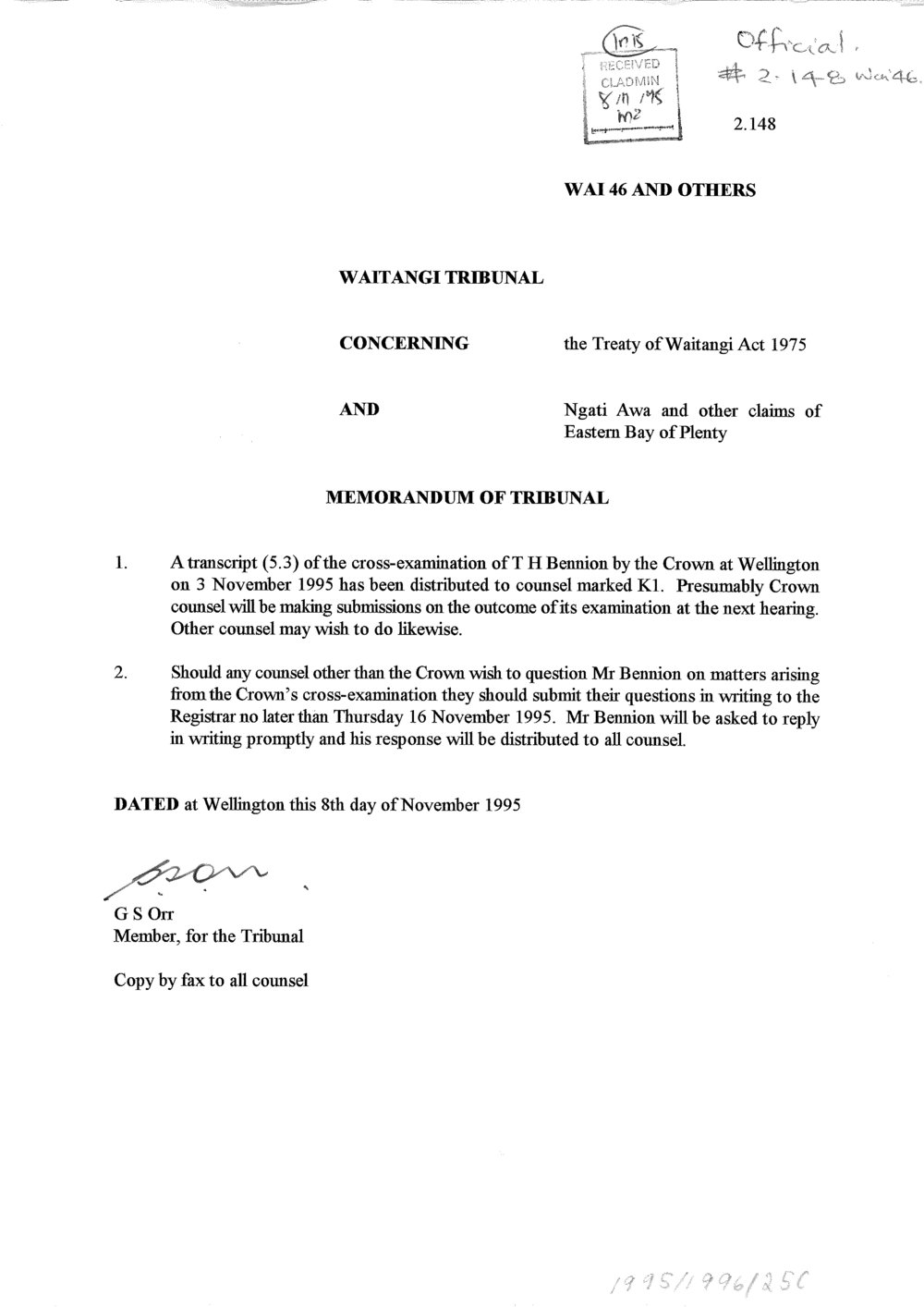 Wai 46_INQ_2.148_Mem of Tribunal Transcript of cross-examination of Mr Bennion distributed