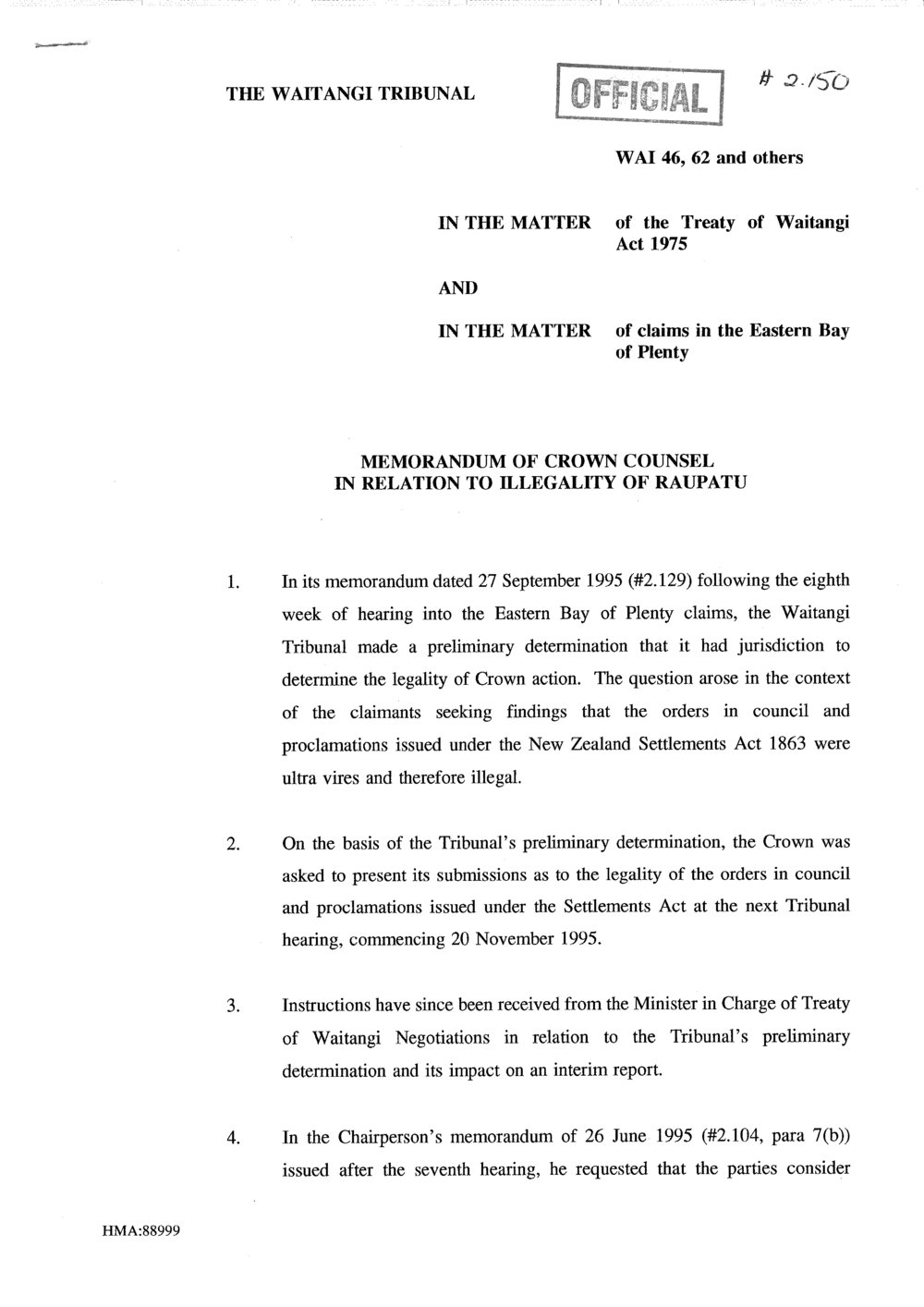 Wai 46_INQ_2.150_Memo of Crown Counsel in relation to illegality of RAUPATU 8 November 1995