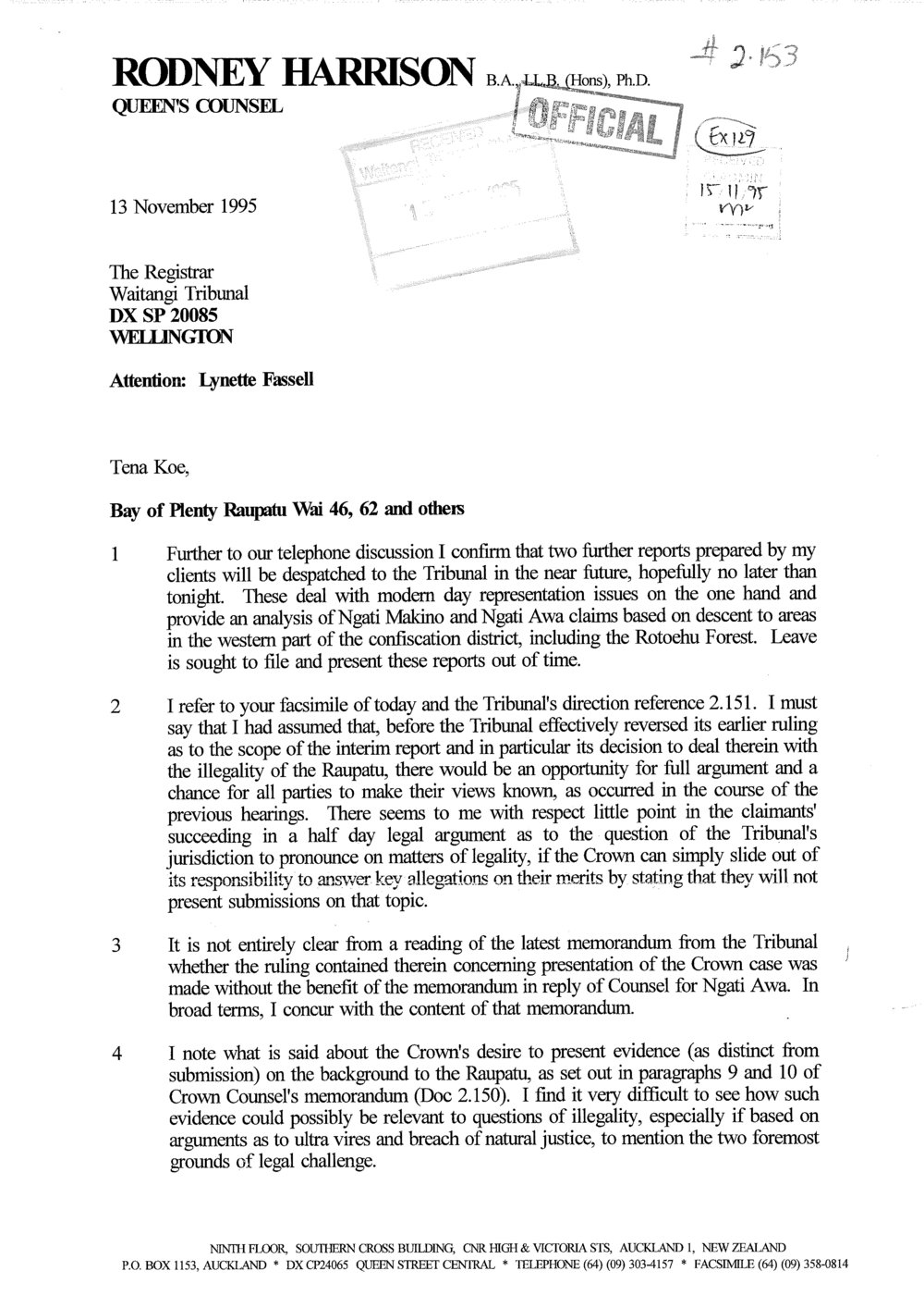 Wai 46_INQ_2.153_Letter RE BOP Raupatu Wai 46,62 &amp; others 13 Nov 1995