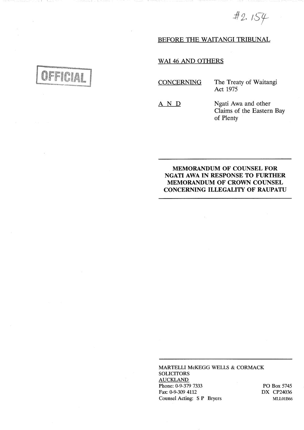 Wai 46_INQ_2.154_Memo of Counsel for Ngati Awa in Response to further memo of crown counsel concerning RAUPATU