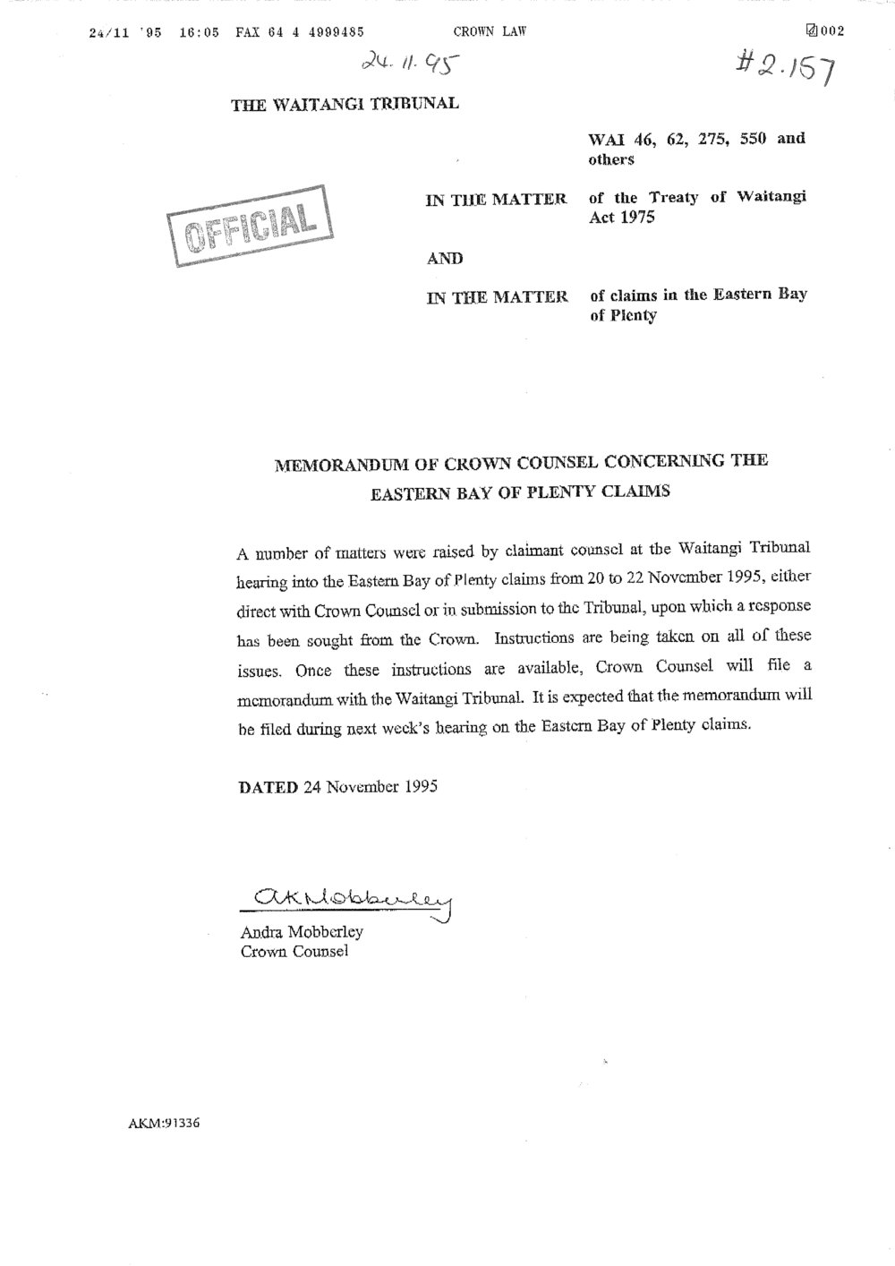 Wai 46_INQ_2.157_Memo WAI 46,62,275,550 - Crown Counsel concerning the EBOP Claims