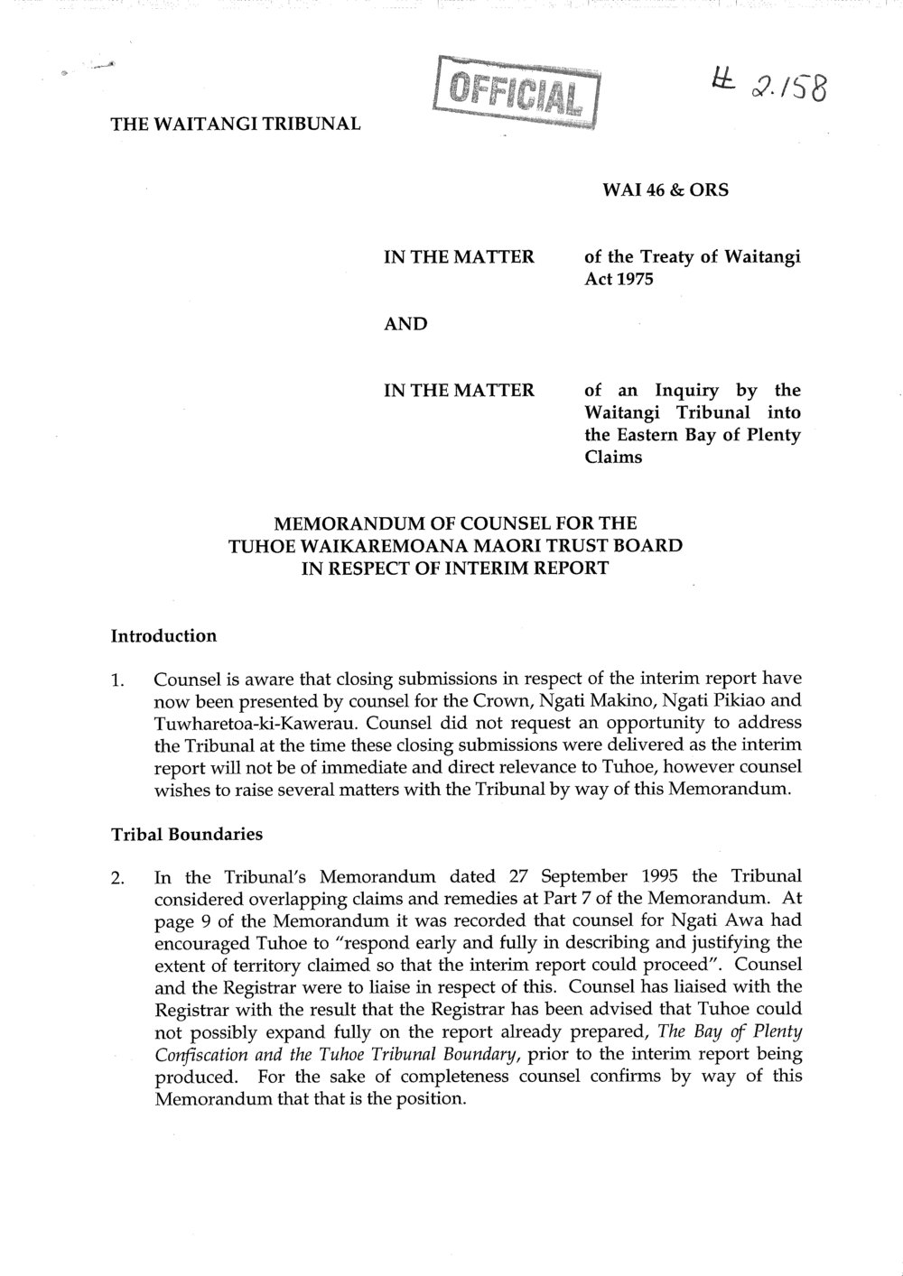 Wai 46_INQ_2.158_Memo of Counsel for the Tuhoe Waikaremoana Maori Trust Board in respect of Interim Report