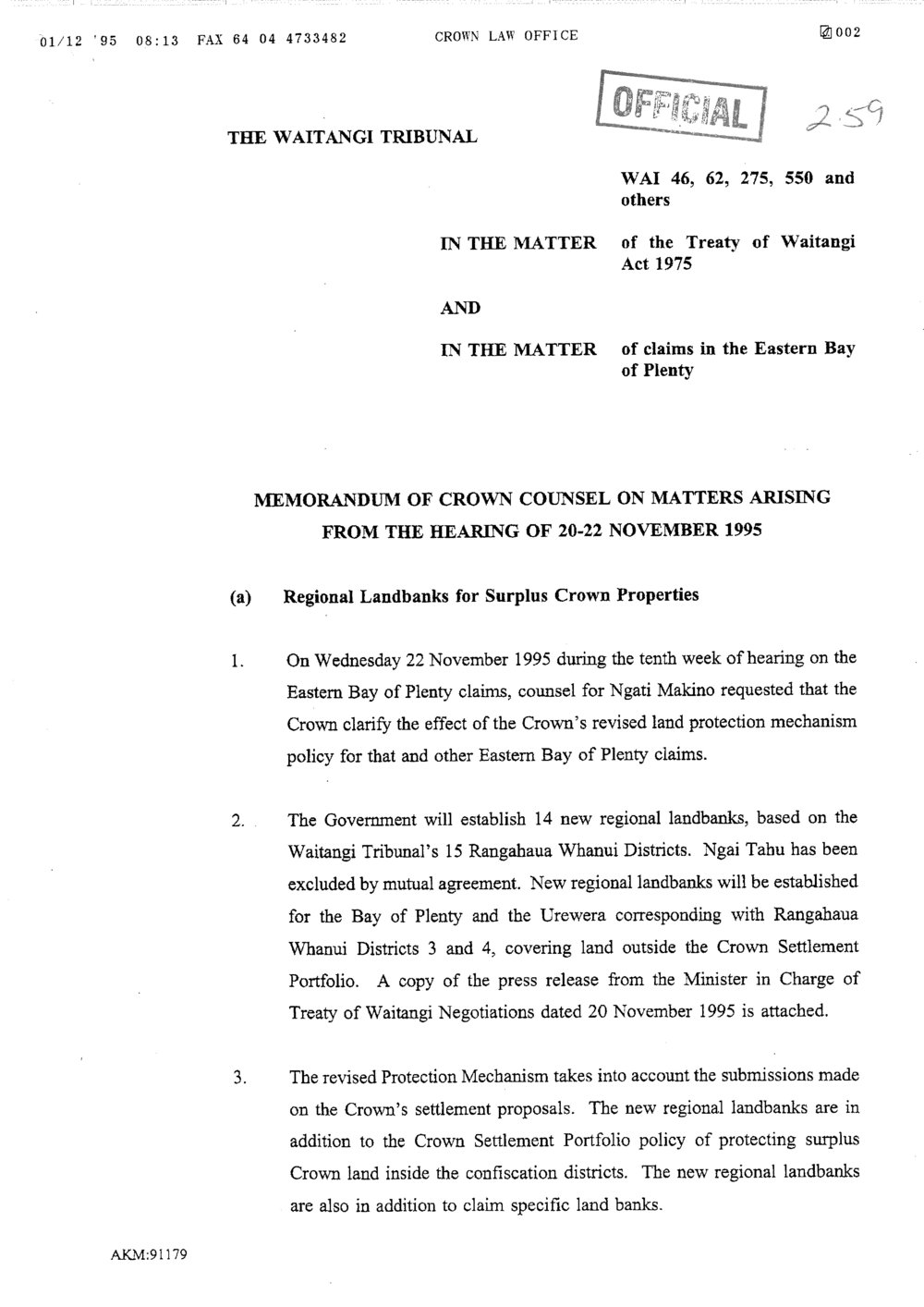 Wai 46_INQ_2.159_Memo of Crown Counsel on Matters arising from the hearing of 20-22 Nov 1995