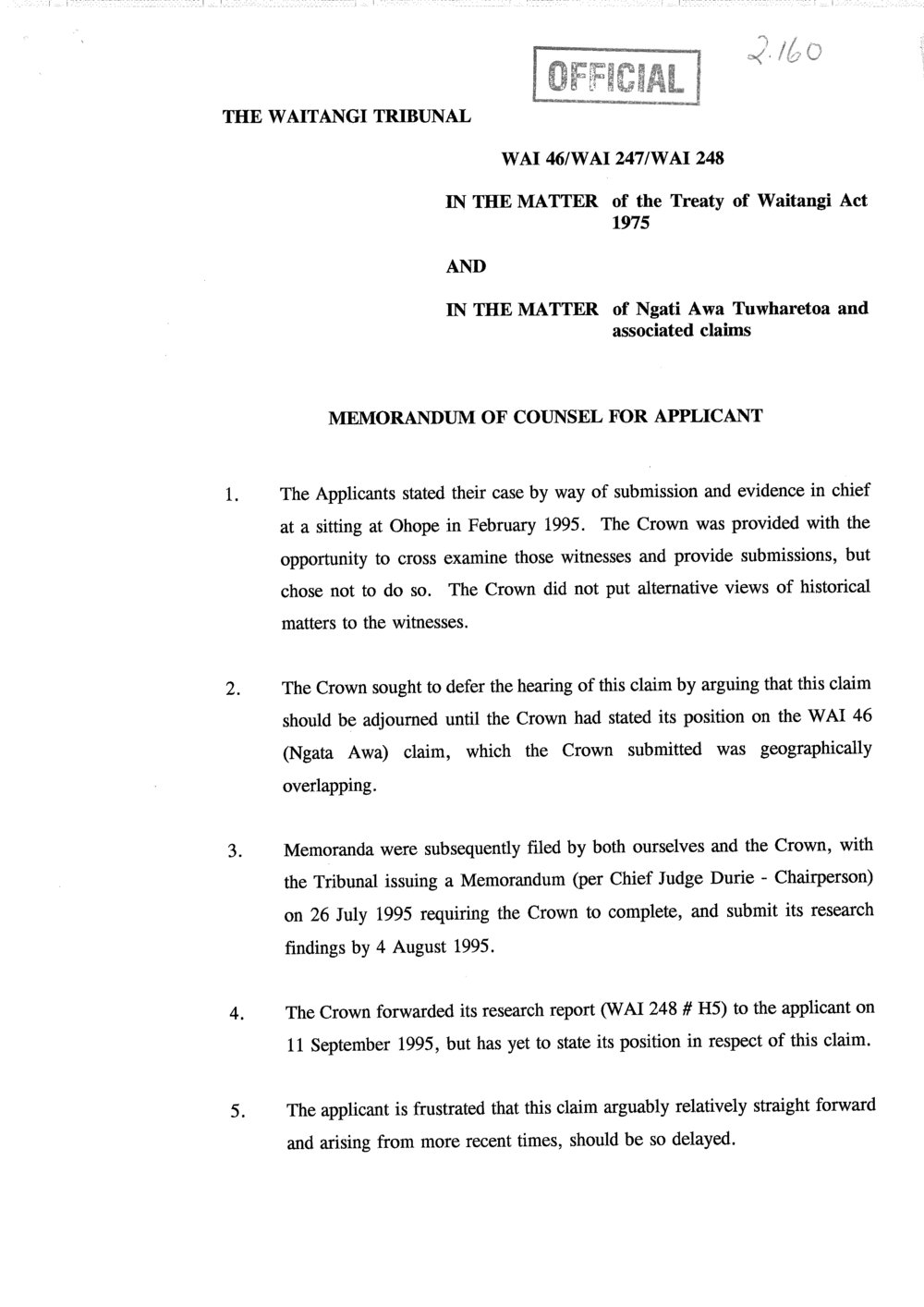 Wai 46_INQ_2.160_Memo of Counsel for Applicant Ngati Awa Tuwharetoa &amp; associated claims