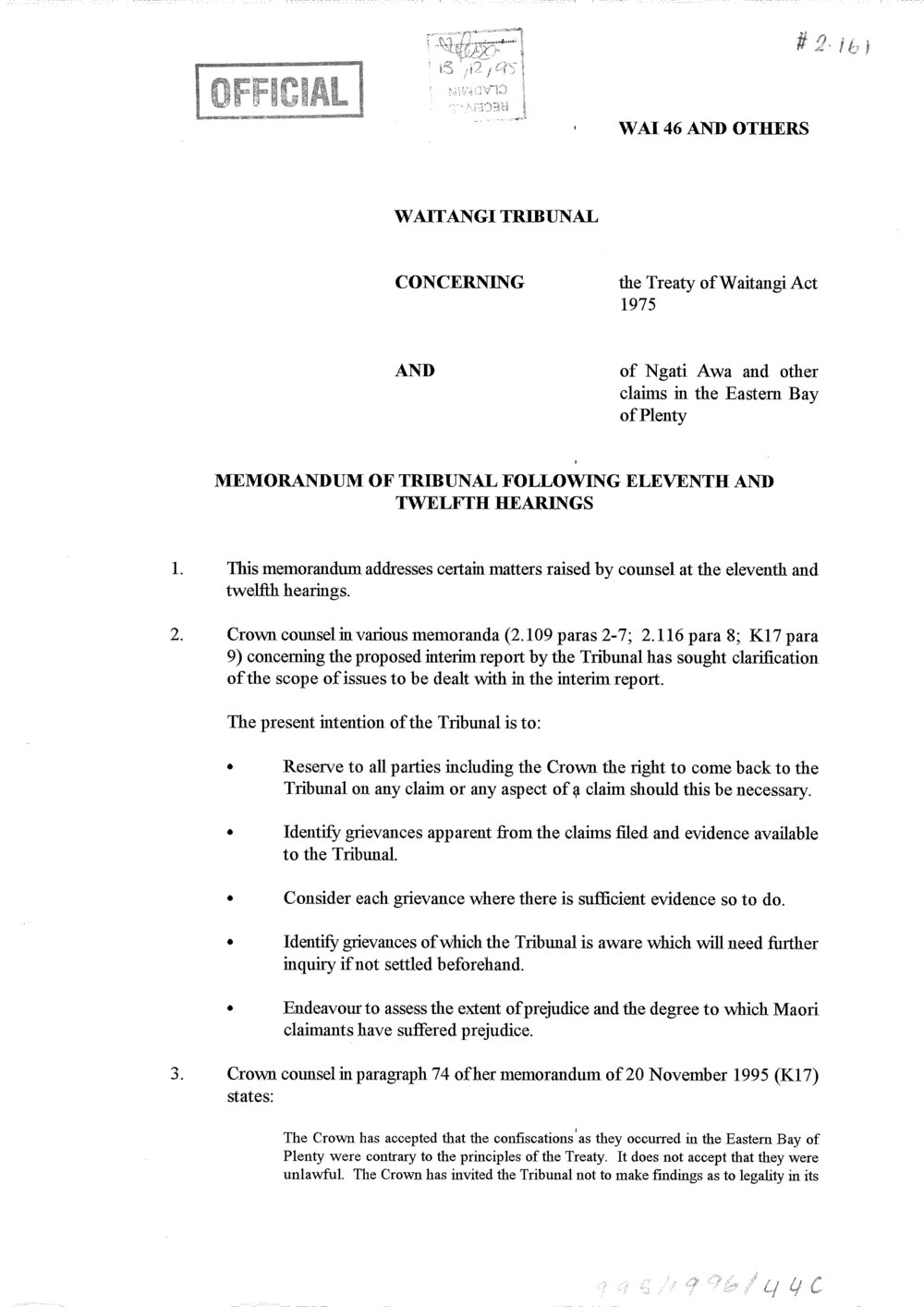 Wai 46_INQ_2.161_Memo of Tribunal Following Eleventh and Twelth Hearings WAI 46 &amp; others