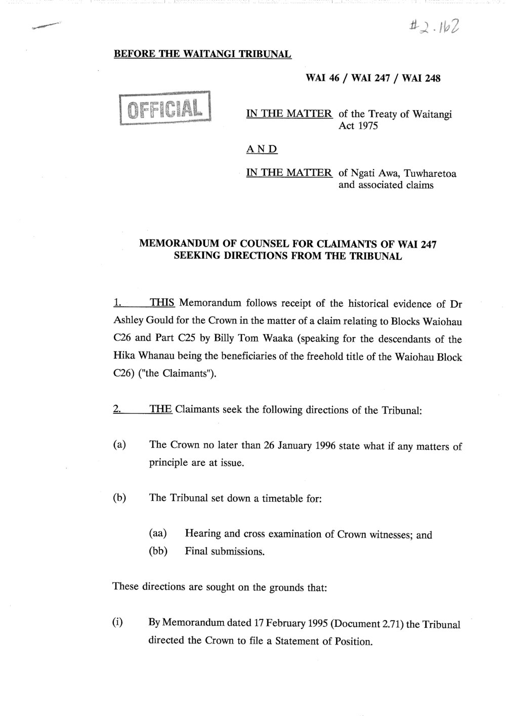 Wai 46_INQ_2.162_Memo of Counsel for Claimants of Wai 247 Seeking Directions From The Tribunal