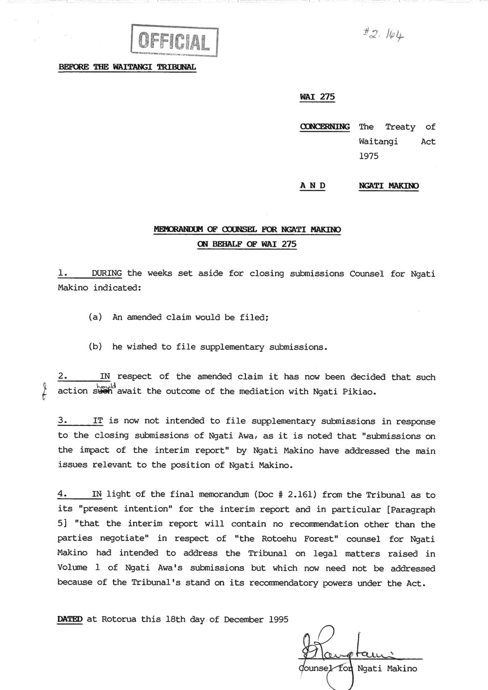 Wai 46_INQ_2.164_Memo of Counsel for Ngati Makino on behalf of WAI 275