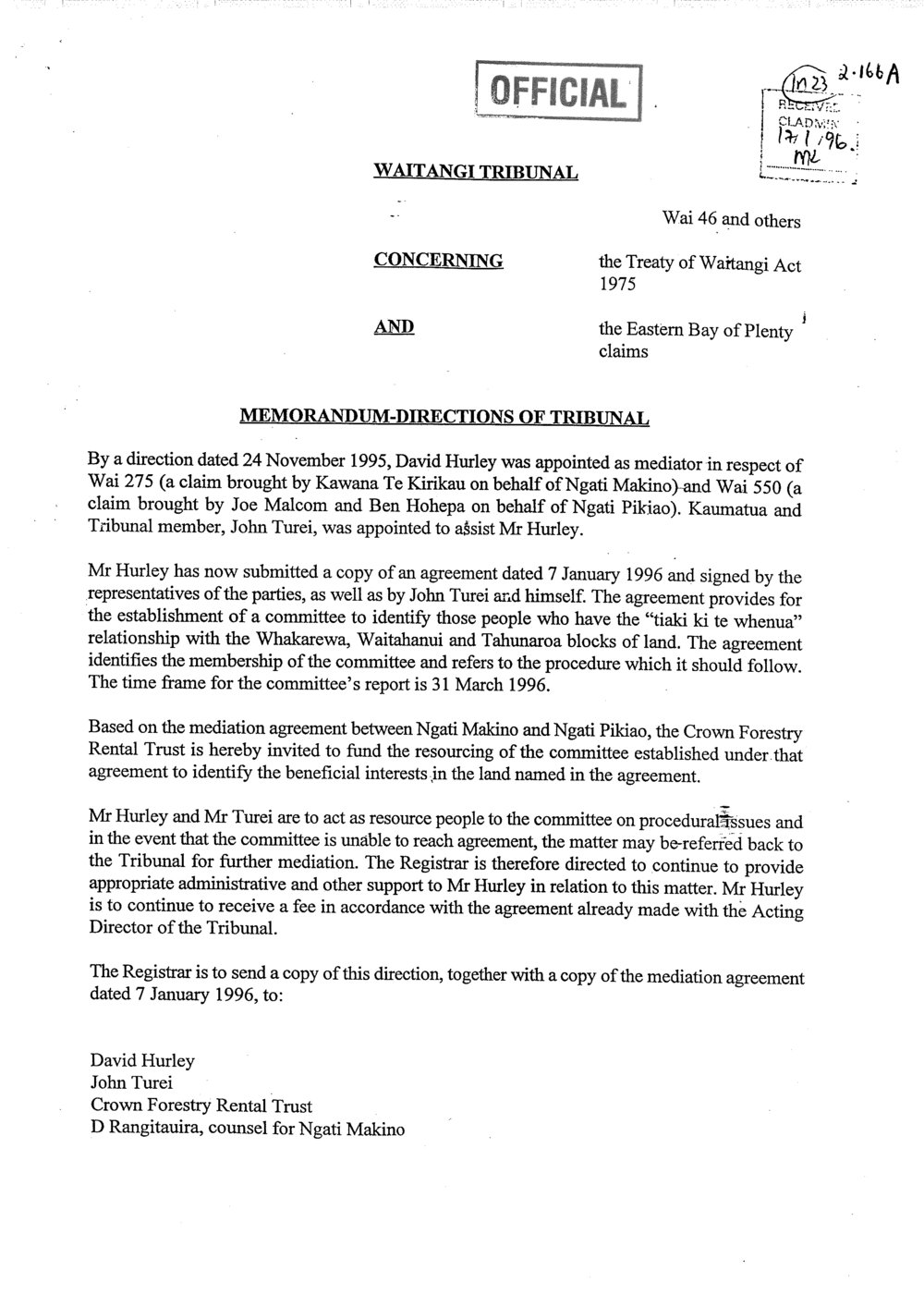 Wai 46_INQ_2.166 (a)_Memo Re WAI 46 David Hurley Mediator