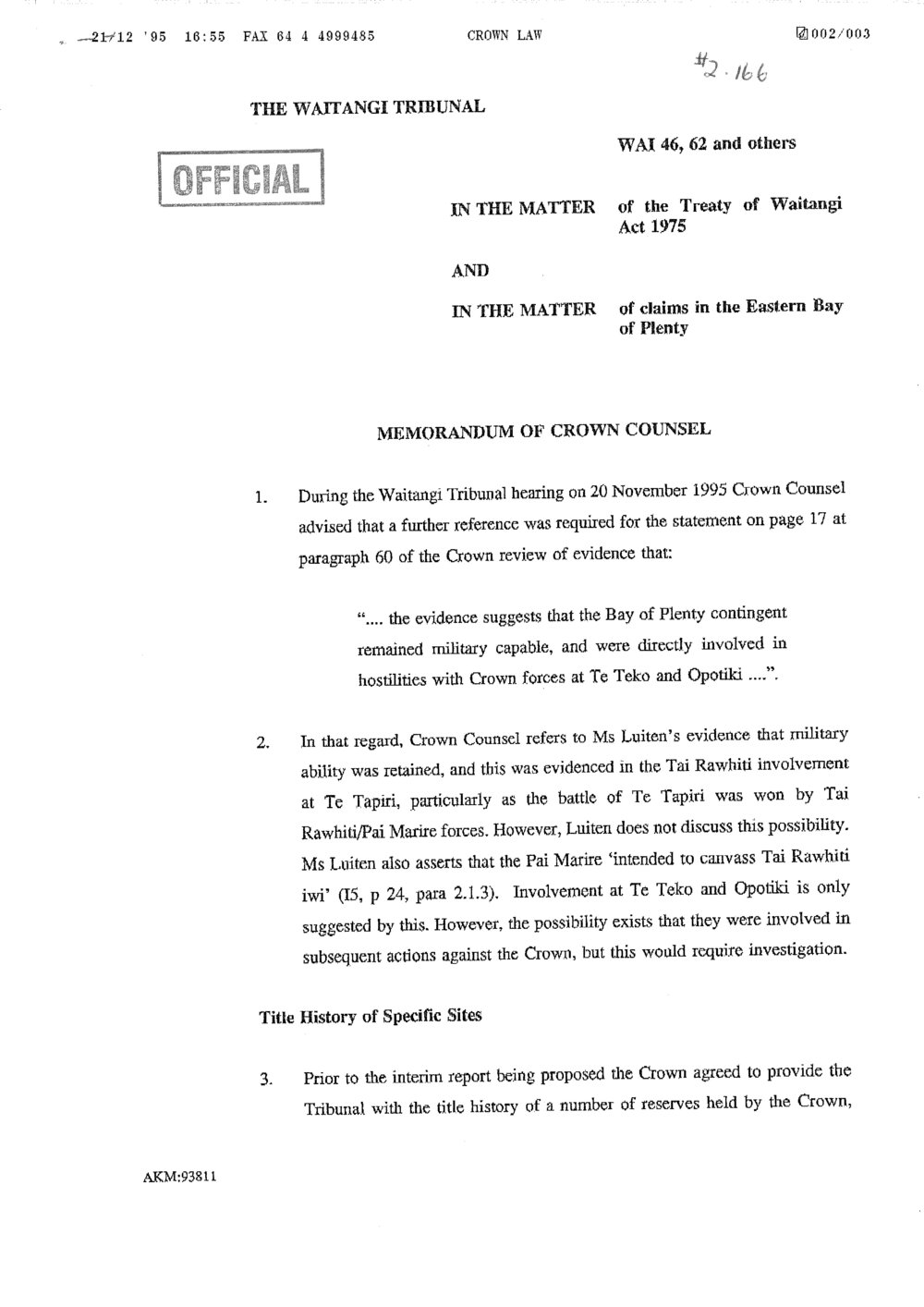 Wai 46_INQ_2.166_Memo of Crown Counsel - hostilities with Crown forces at Te Teko and Opotiki