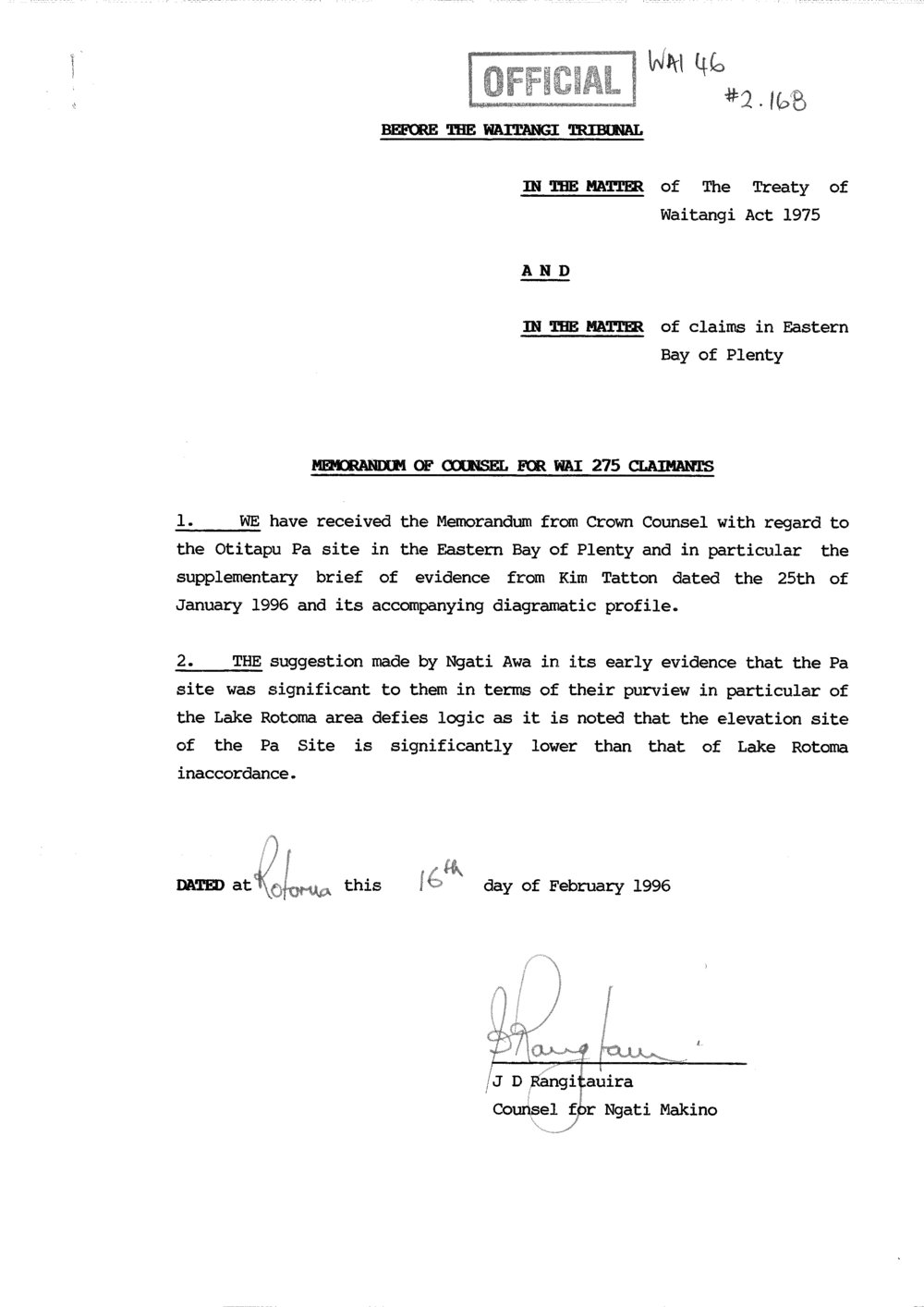 Wai 46_INQ_2.168_Memorandum of Counsel for WAI 275