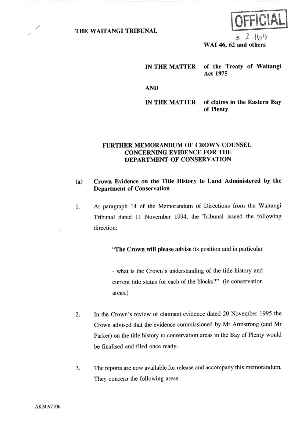 Wai 46_INQ_2.169_Further Memorandum of Crown Counsel Concerning Evidence for The DOC