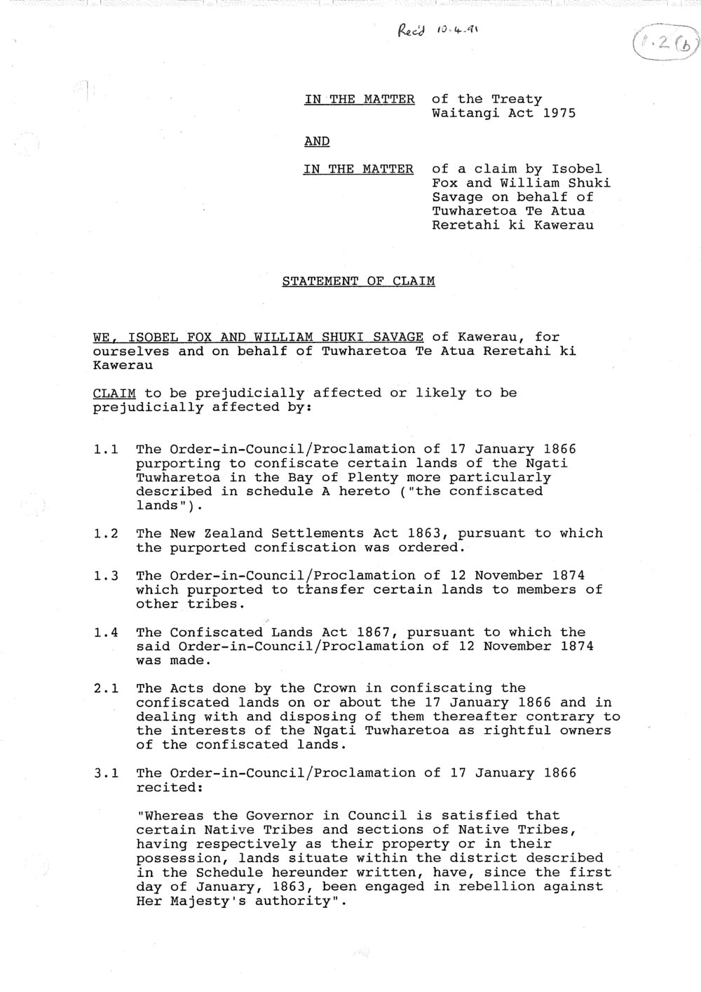 Wai 46_INQ_ 1.2 (b)_Statement of Claim by Tuwharetoa Te Atua Reretahi