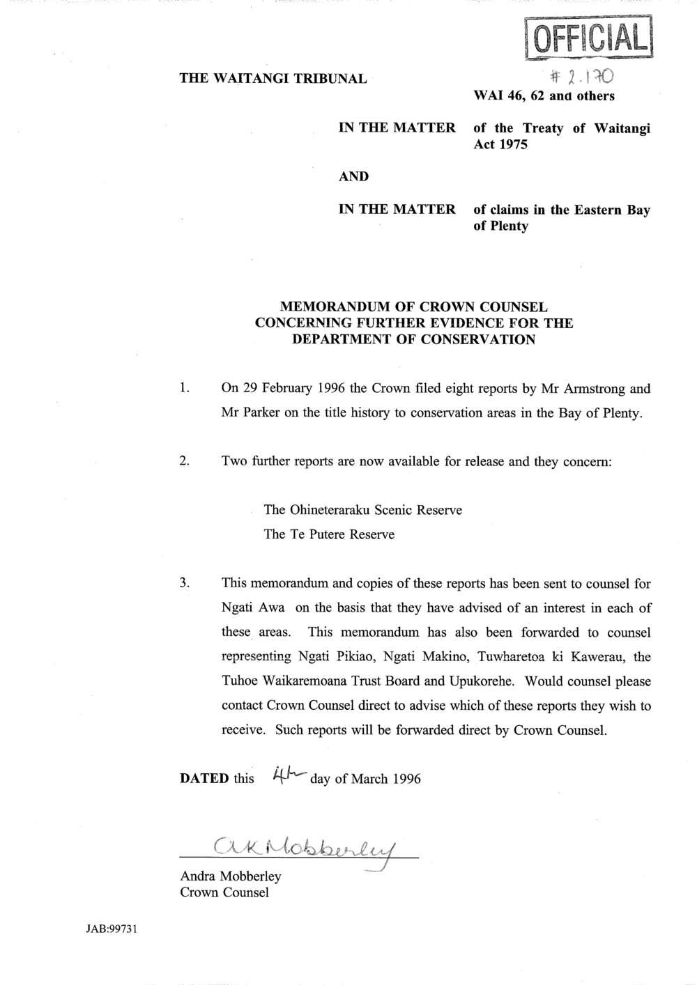 Wai 46_INQ_2.170_Memo of Crown Counsel Concerning Further Evidence for the DOC - The Ohineteraraku Scenic Reserve, Putere Reserve