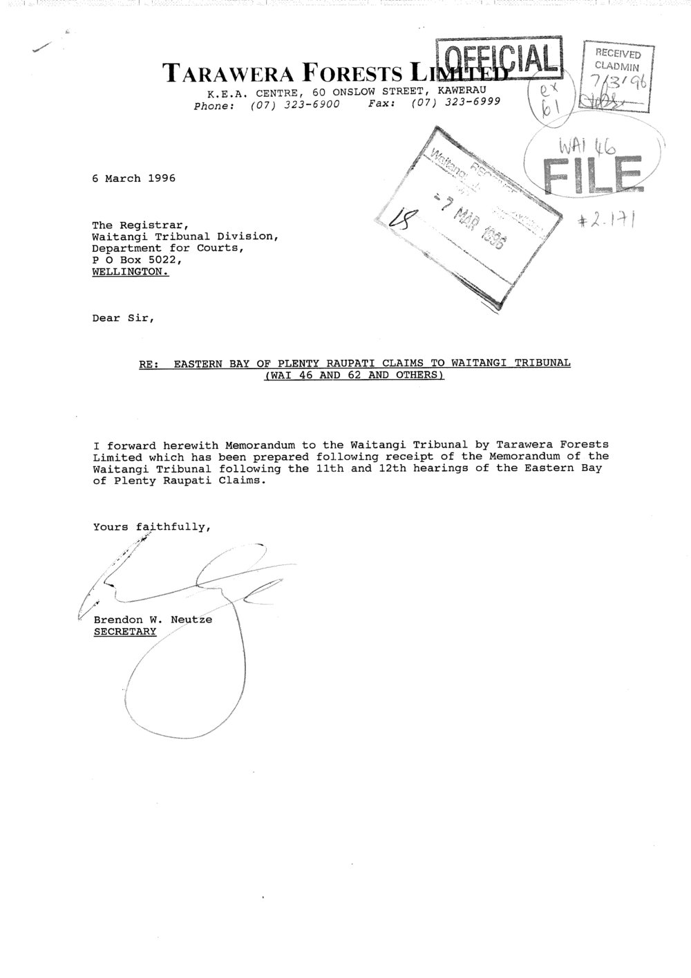 Wai 46_INQ_2.171_Memo to the Waitangi Tribunal on behalf of Tarawera Forests Limited 1996