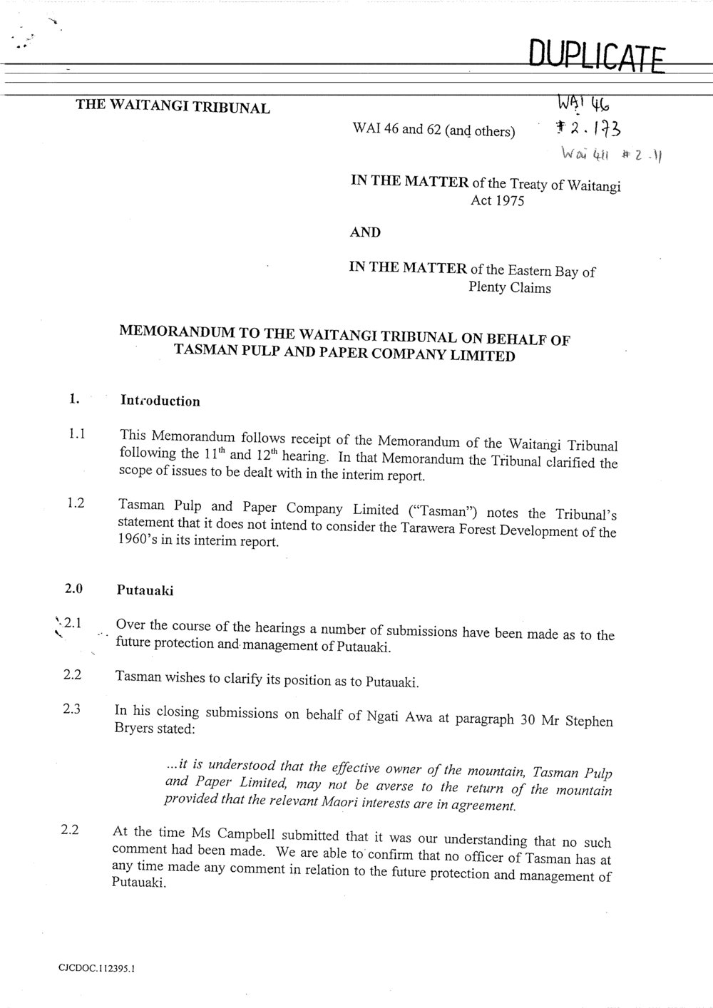 Wai 46_INQ_2.173_Memo to the Waitangi Tribunal on behalf of Tasman Pulp and paper company limited