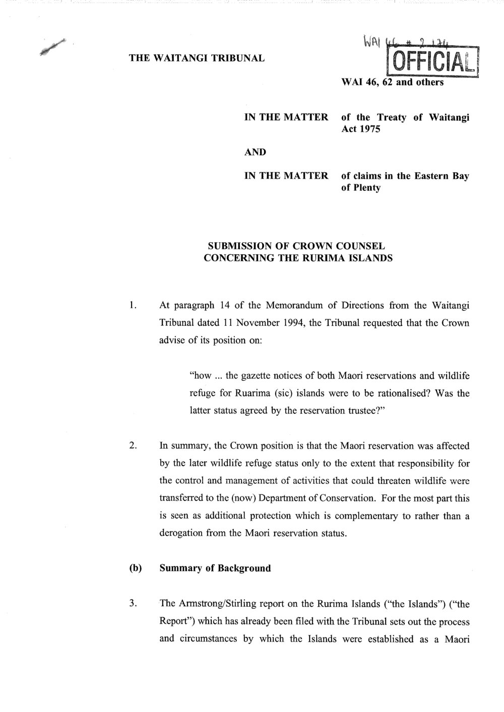 Wai 46_INQ_2.174_Submissions of Crown Counsel Concerning the Rurima Islands 9 April 1996