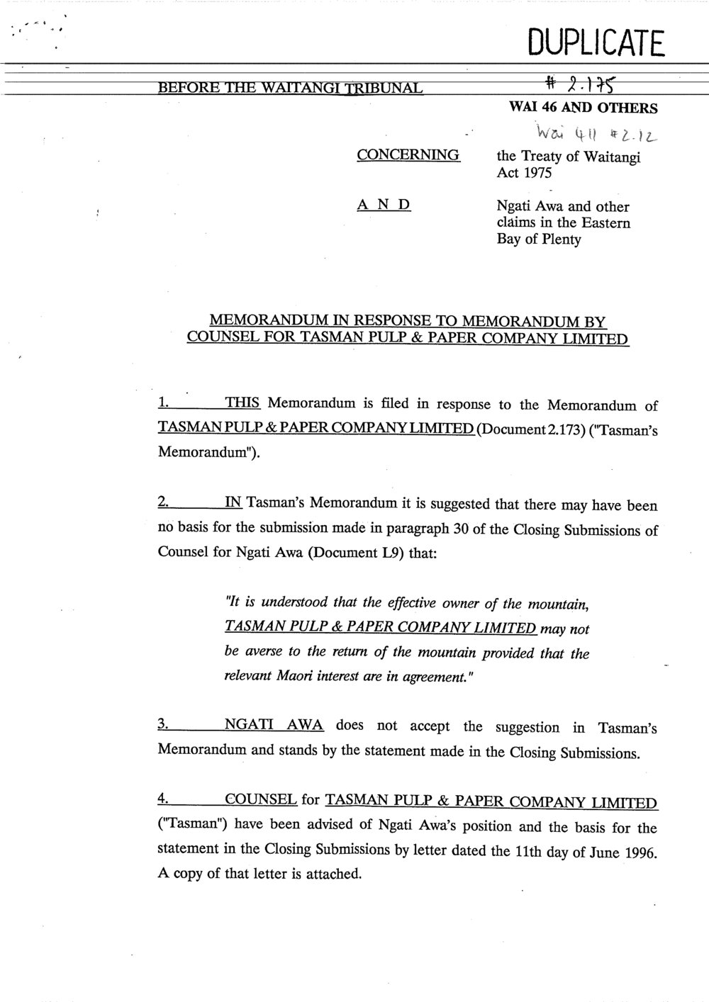 Wai 46_INQ_2.175_Memo in response to memo by counsel for Tasman Pulp &amp; Paper Company Limited 11 of August 1996