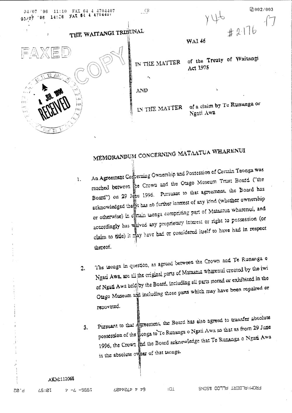 Wai 46_INQ_2.176_Memo Concerning Mataatua Wharenui 3 of July 1996