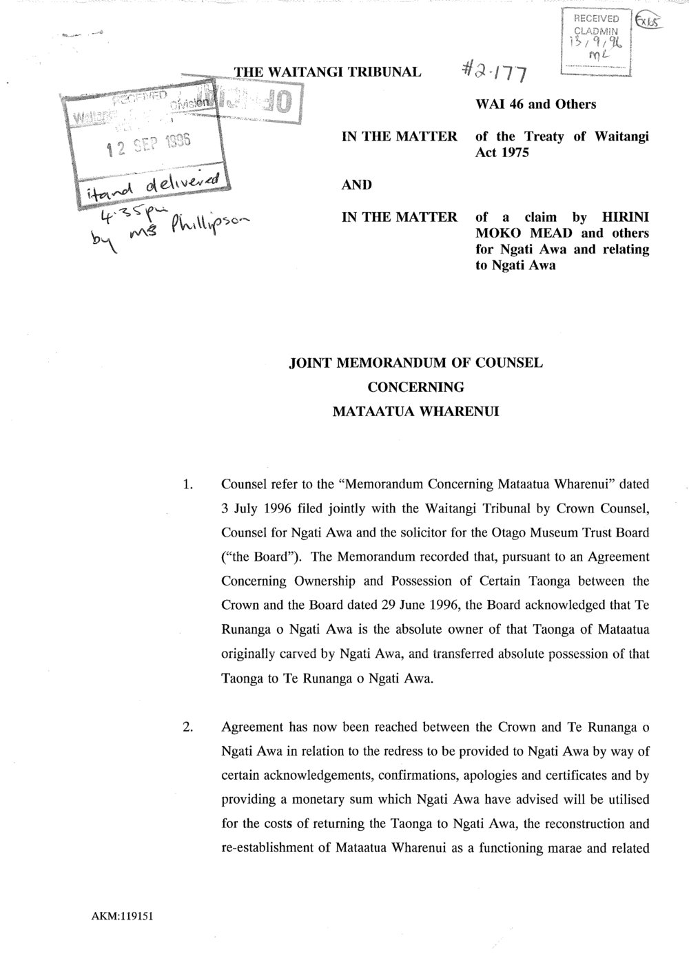 Wai 46_INQ_2.177_Joint Memo of Counsel Concerning the Mataatua Wharenui 12th of September 1996