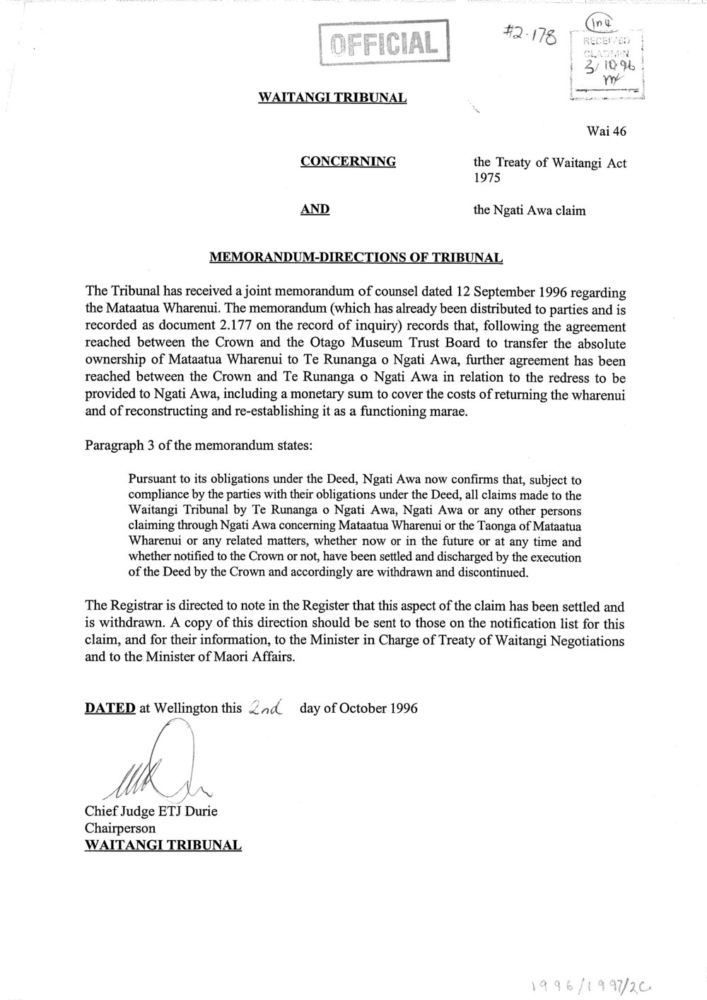 Wai 46_INQ_2.178_Memo Otago Museum Trust Board transfers absolute ownership of Mataatua Wharenui to TRONA