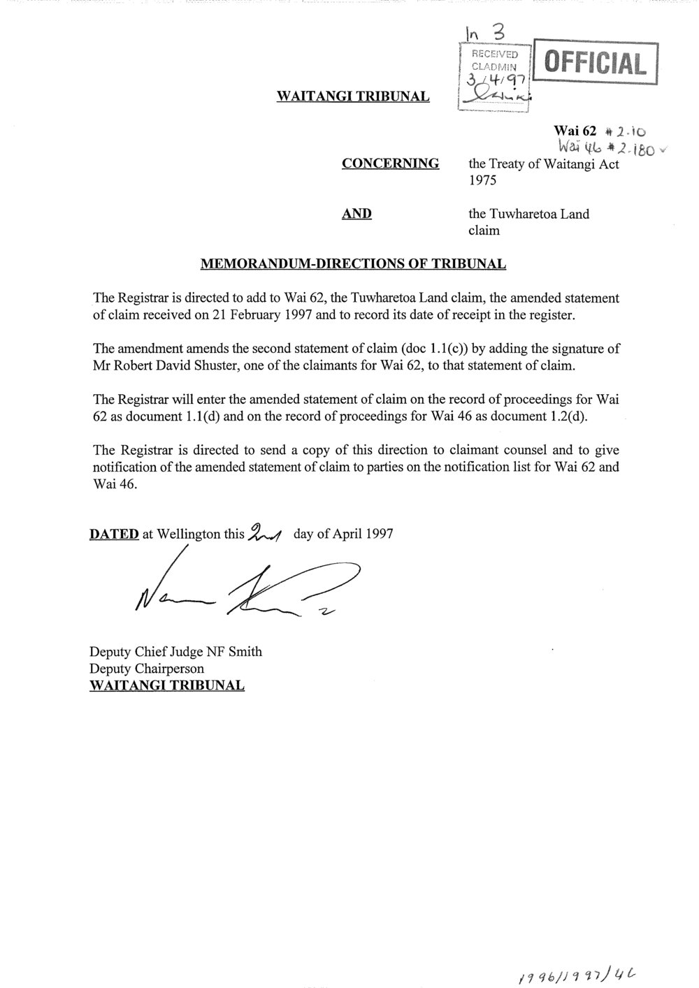 Wai 46_INQ_2.180_Memo Directions of Tribunal re Tuwharetoa Land Claim