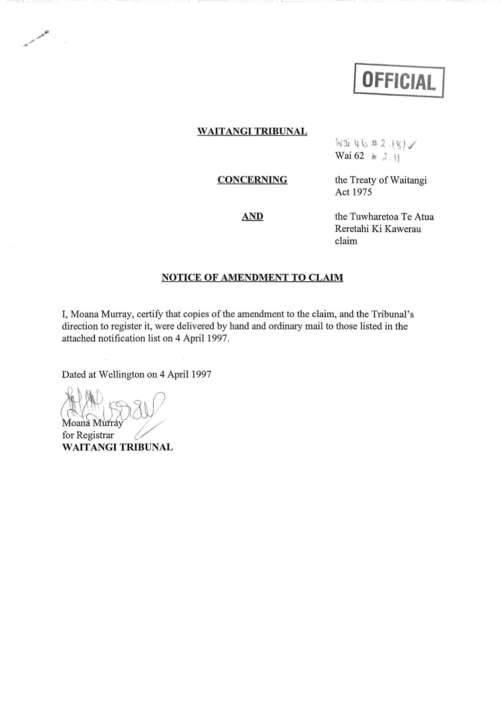 Wai 46_INQ_2.181_Memo of Amendment To Claim Delivered by hand