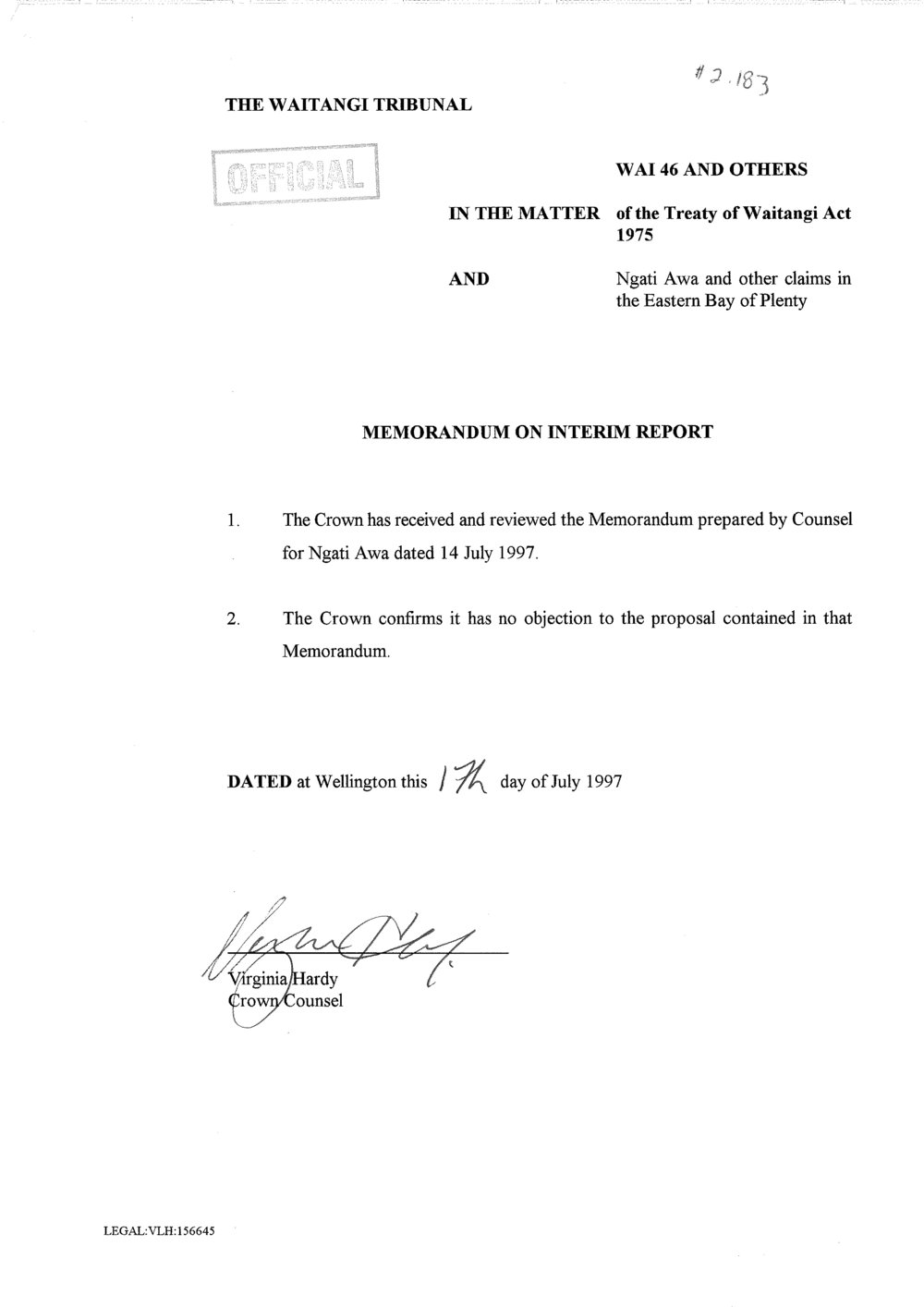 Wai 46_INQ_2.183_Memo on Interim Report (Recieved by Crown)