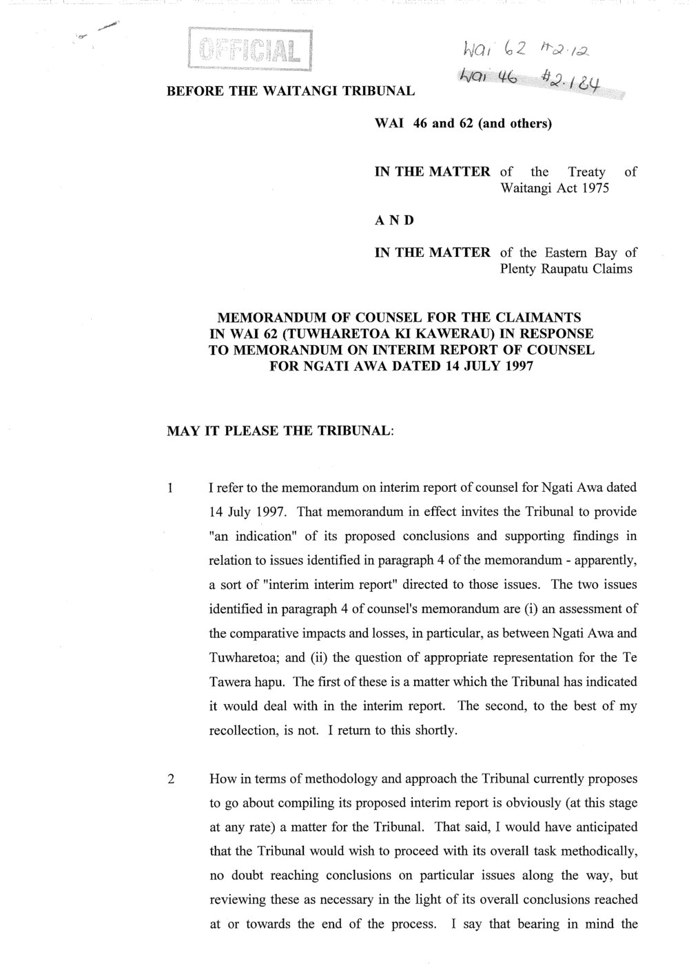 Wai 46_INQ_2.184_Memo of Counsel for the Claimants in WAI 62 (Tuwharetoa ki Kawerau) in response to memorandum of interim report of counsel 14 July 1997