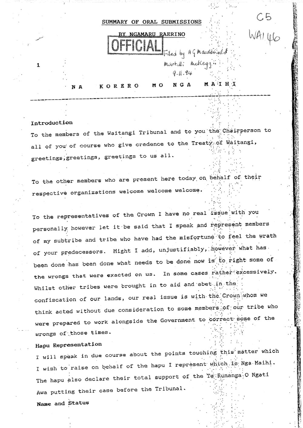 Wai 46_INQ_C005_Summary of Oral Submissions by Ngamanu Raerino