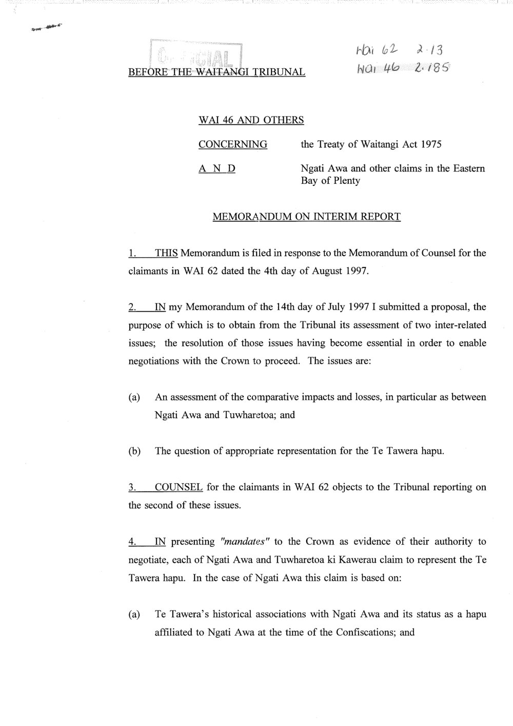 Wai 46_INQ_2.185_Memo on Interim Report - Ngati Awa and other claims in the eastern Bay of Plenty