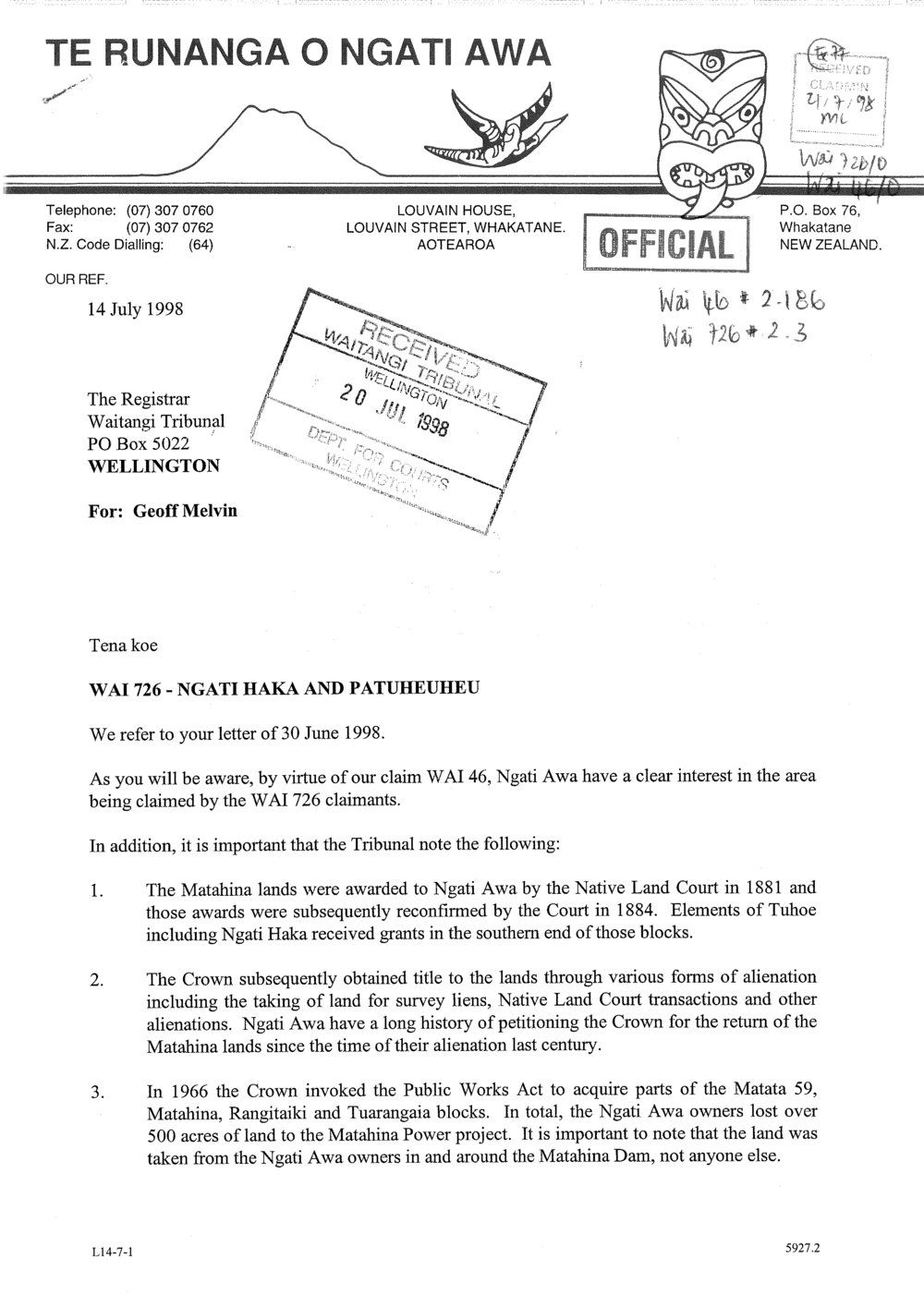 Wai 46_INQ_2.186_Letter Wai 726 - Ngati Haka amd Patuheuheu by H.Mead
