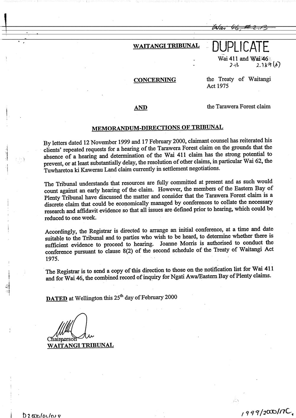 Wai 46_INQ_2.187 (a)_Memo Directions of Tribunal Tarawera Forest Claim