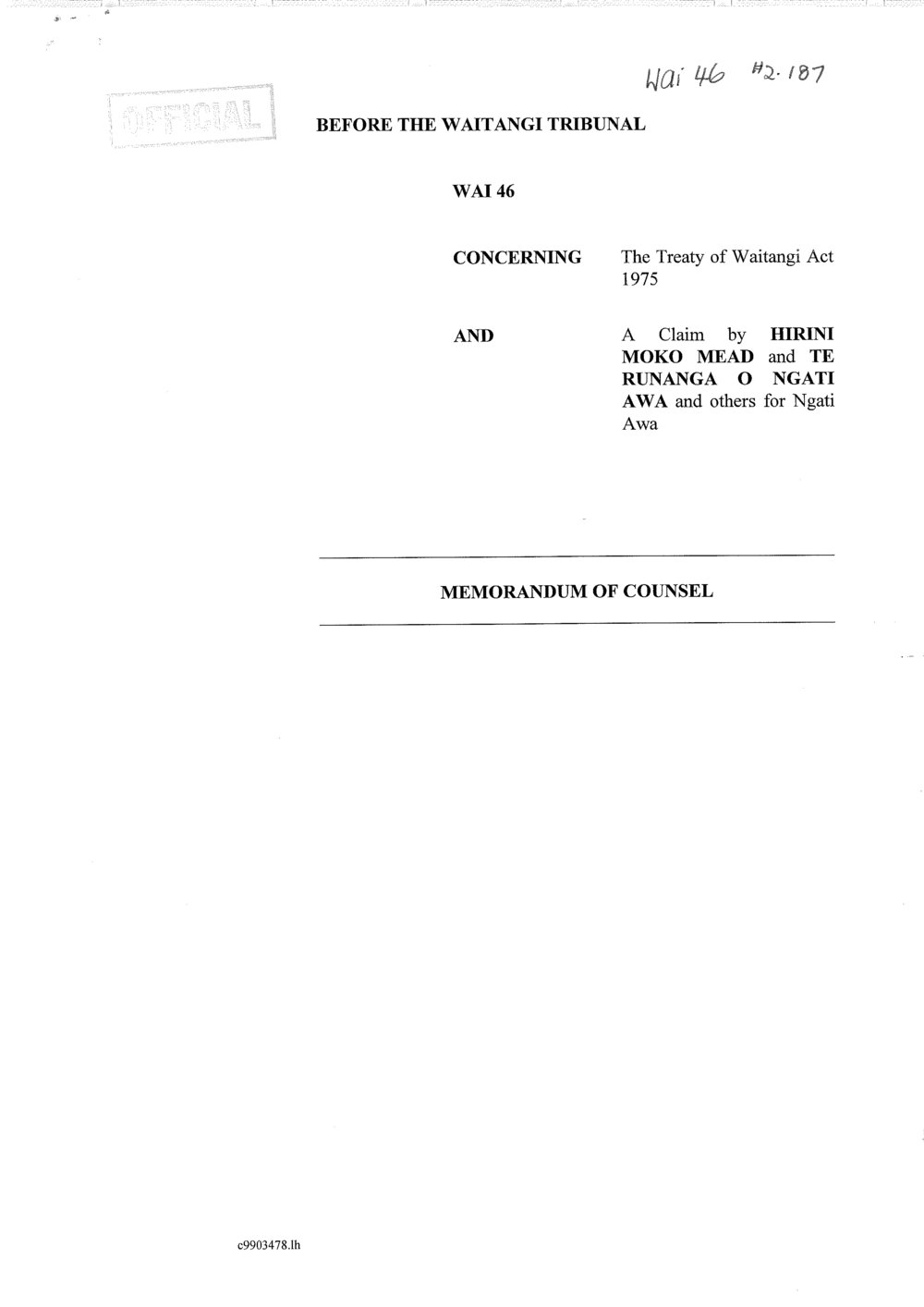 Wai 46_INQ_2.187_Memo of Counsel Claim by H.Mead, TRONA &amp; others