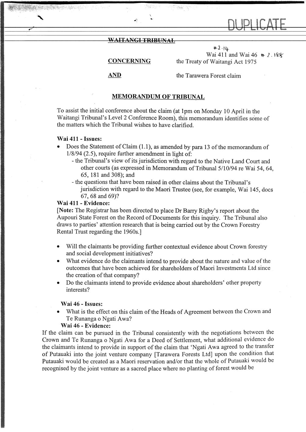 Wai 46_INQ_2.188_Memo of Tribunal Wai 411 &amp; Wai 46 and The Tarawera Forest Claim