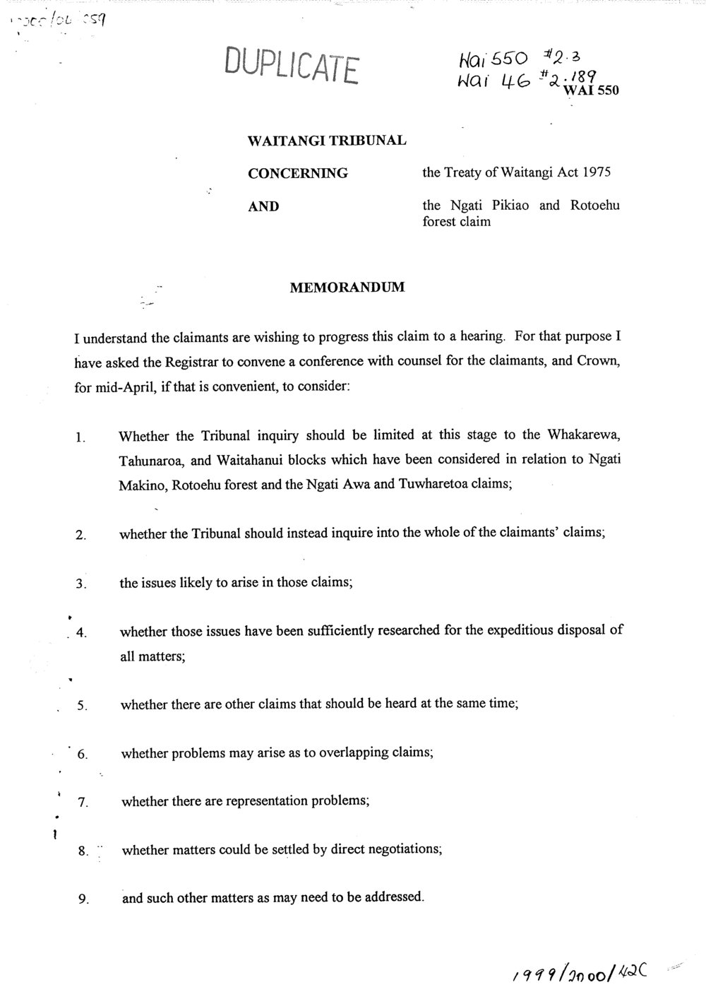 Wai 46_INQ_2.189_Memo Ngati Pikiao &amp; Rotoehu Forest Claim Convene a Conference