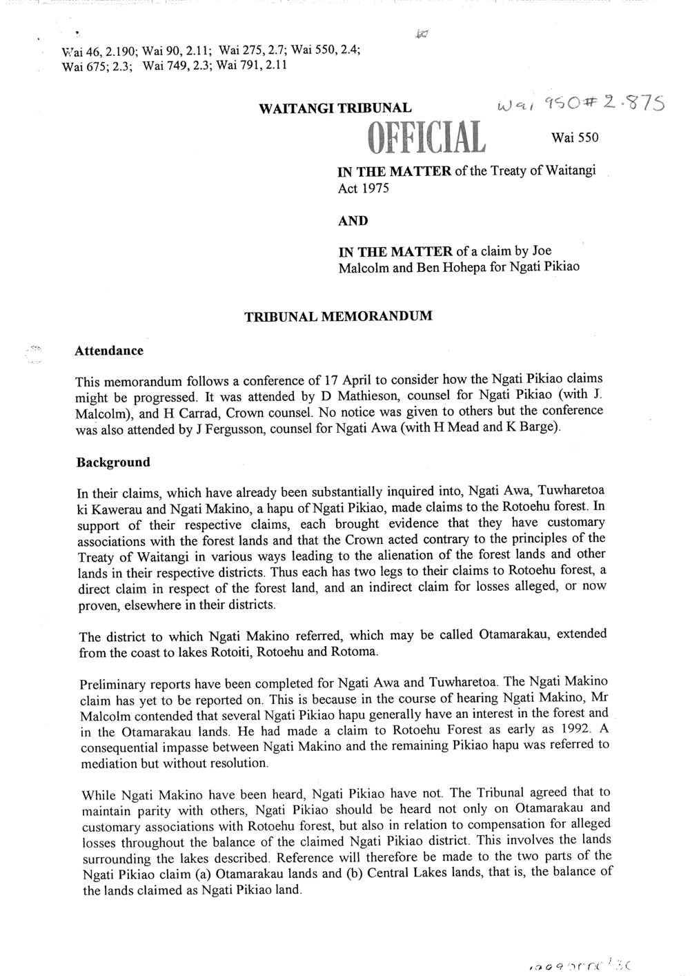 Wai 46_INQ_2.190_Memo RE claim by Joe Makolm and Ben Hohepa for Ngati Pikiao