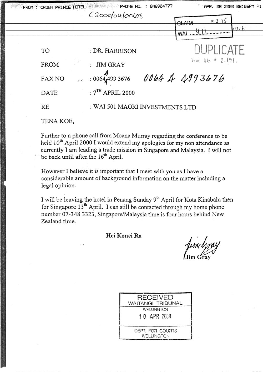 Wai 46_INQ_2.191_Letter from J.Gray to Dr.Harrison RE Wai 501 Maori Investments Ltd