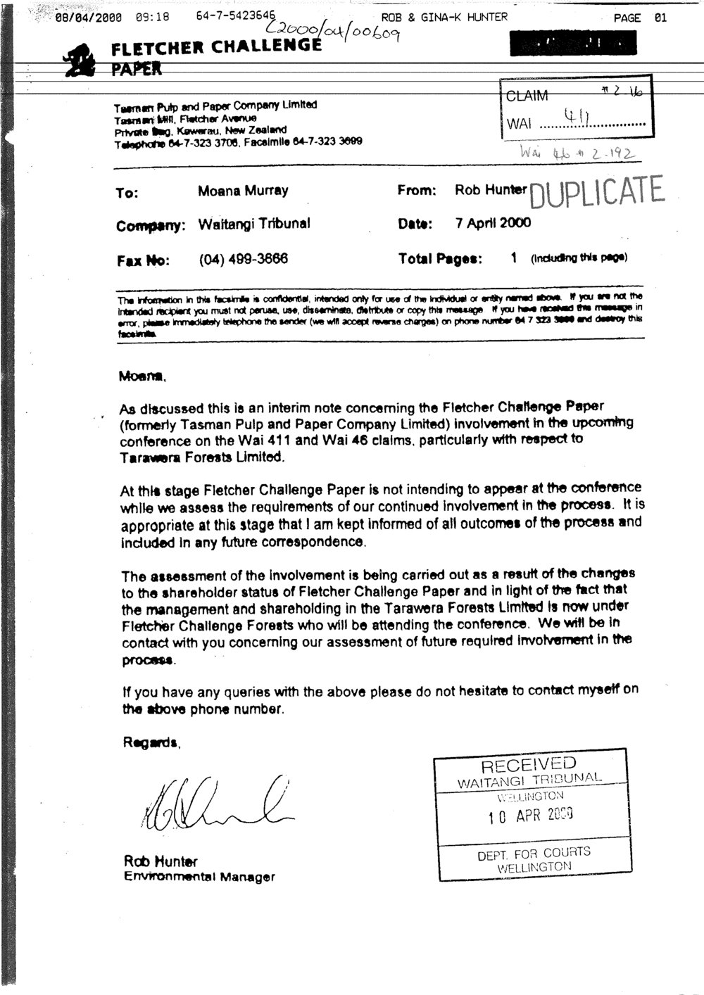 Wai 46_INQ_2.192_Letter from R. Hunter to M.Murray RE Fletcher Challenge Paper and Tarawera Forests Limited