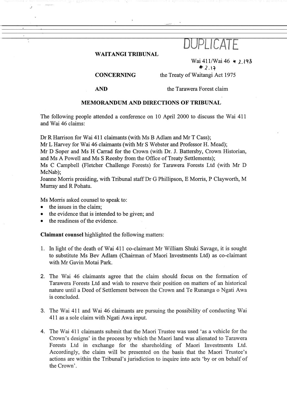 Wai 46_INQ_2.193_Memo (Duplicate) &amp; Directions of Tribunal People Attended Conference 10 April 2000