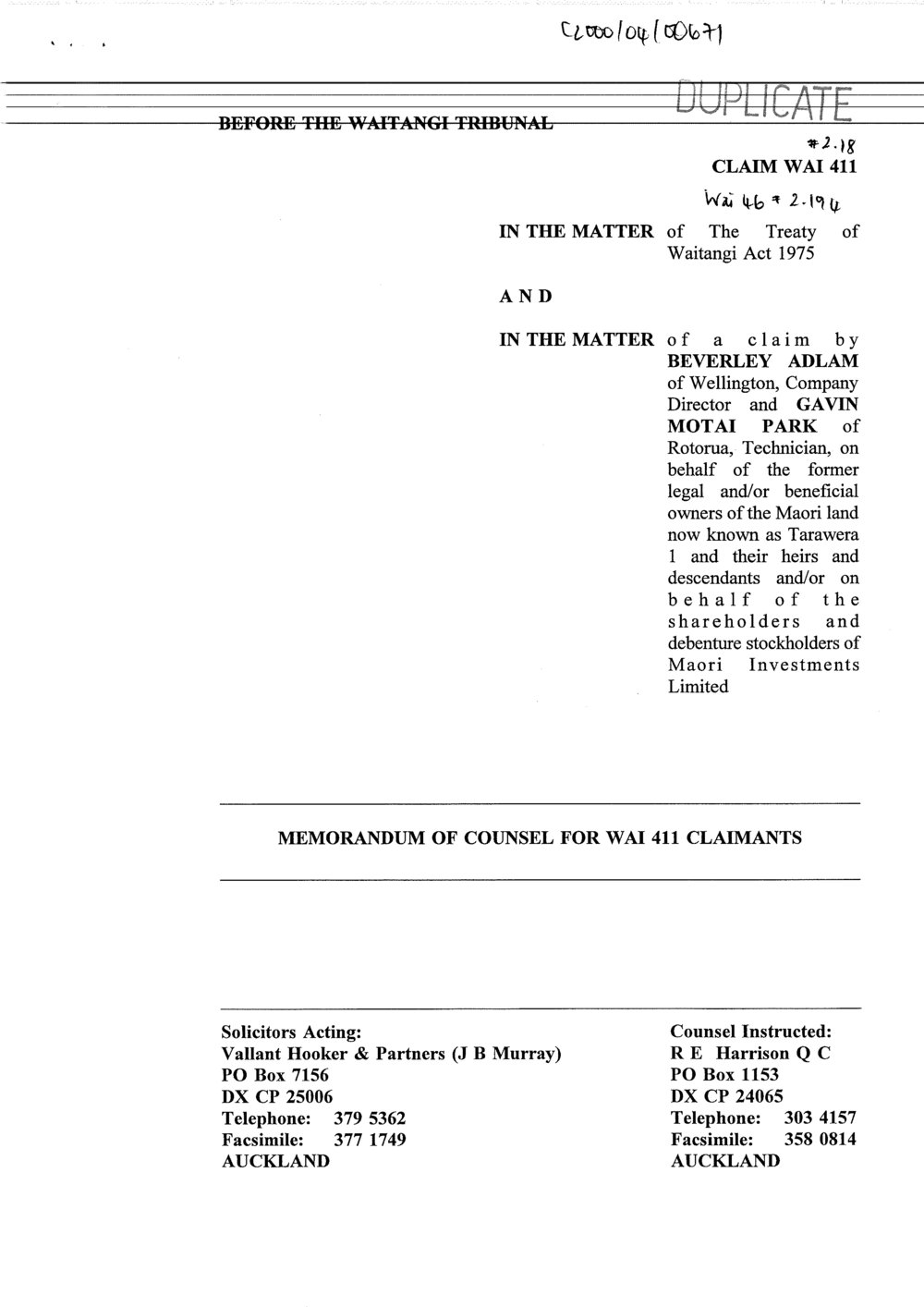 Wai 46_INQ_2.194_Memo of Counsel for Wai 411 Claimants by MIL 20 April 2000