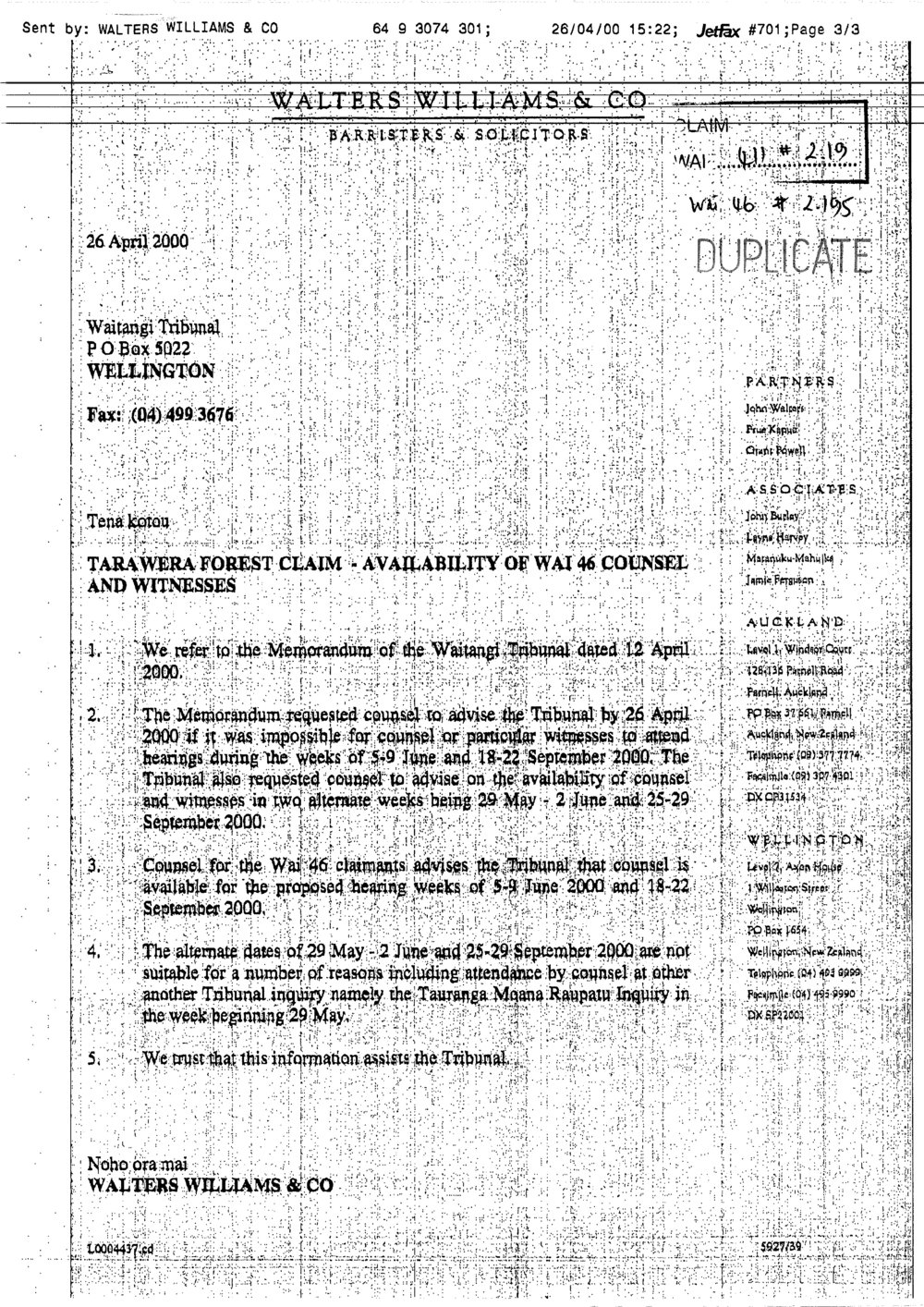Wai 46_INQ_2.195_Letter Tarawera Forest Claim - Availability of Wai 46 Counsel &amp; Witnesses