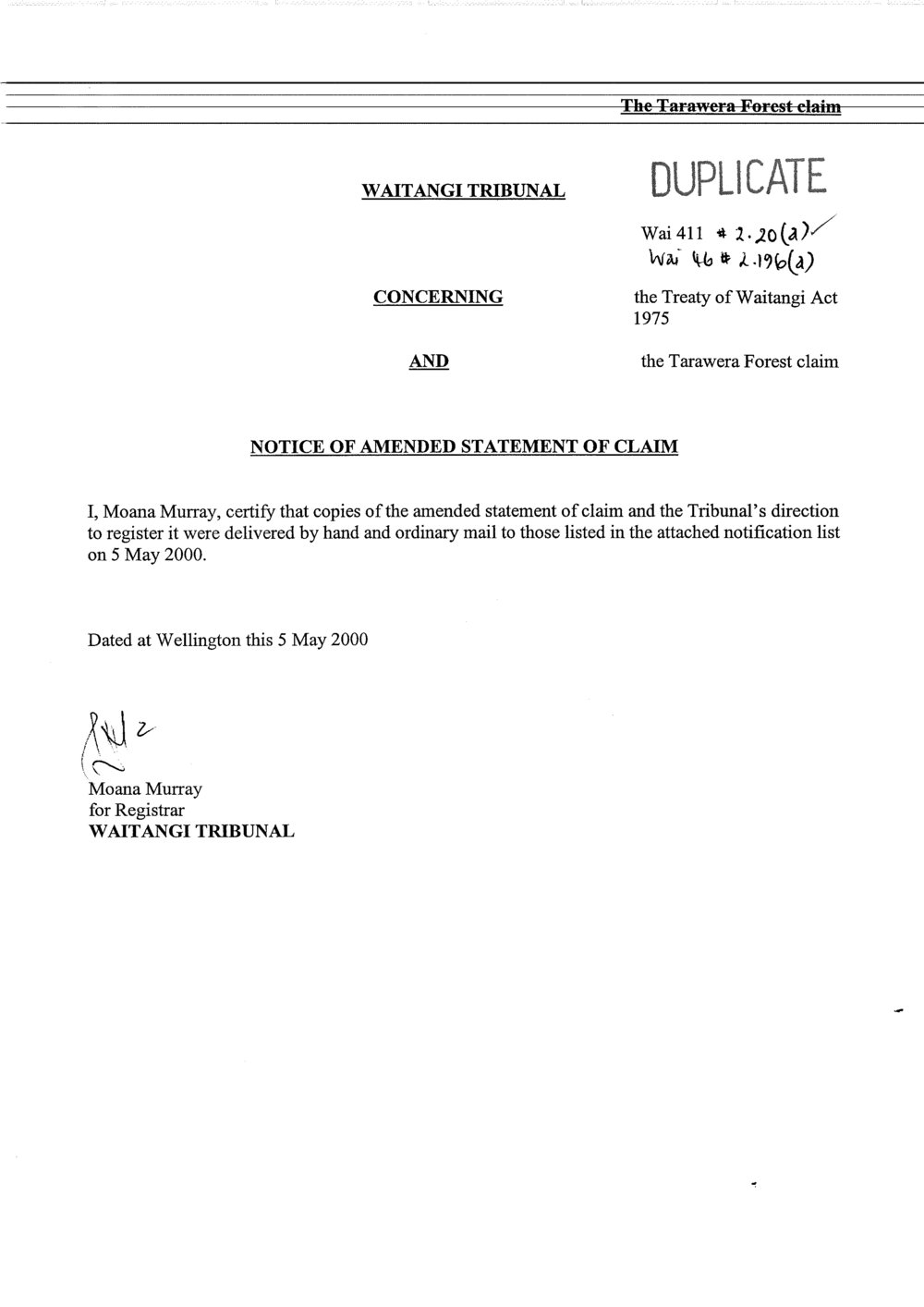 Wai 46_INQ_2.196 (a)_Notice of Amended Statement of Claim Tarawera Forest Claim delivered by hand